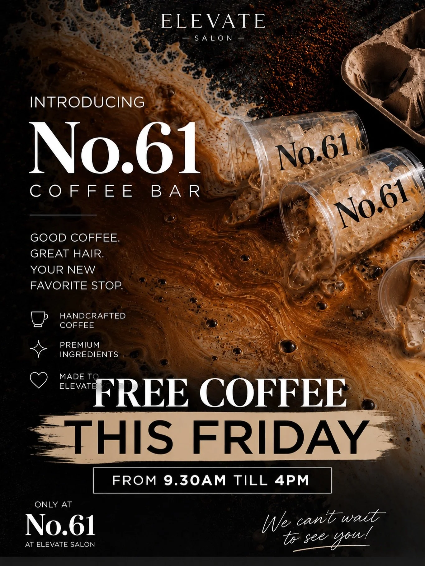 ☕️ FREE COFFEE THIS FRIDAY ☕️

We&rsquo;ve officially opened @no.61brixton and we&rsquo;re celebrating with FREE coffee from 9:30am &ndash; 4:00pm.

To claim yours:
✔️ Follow @no.61brixton
✔️ Follow @elevate399
✔️ Show us you&rsquo;re following at th