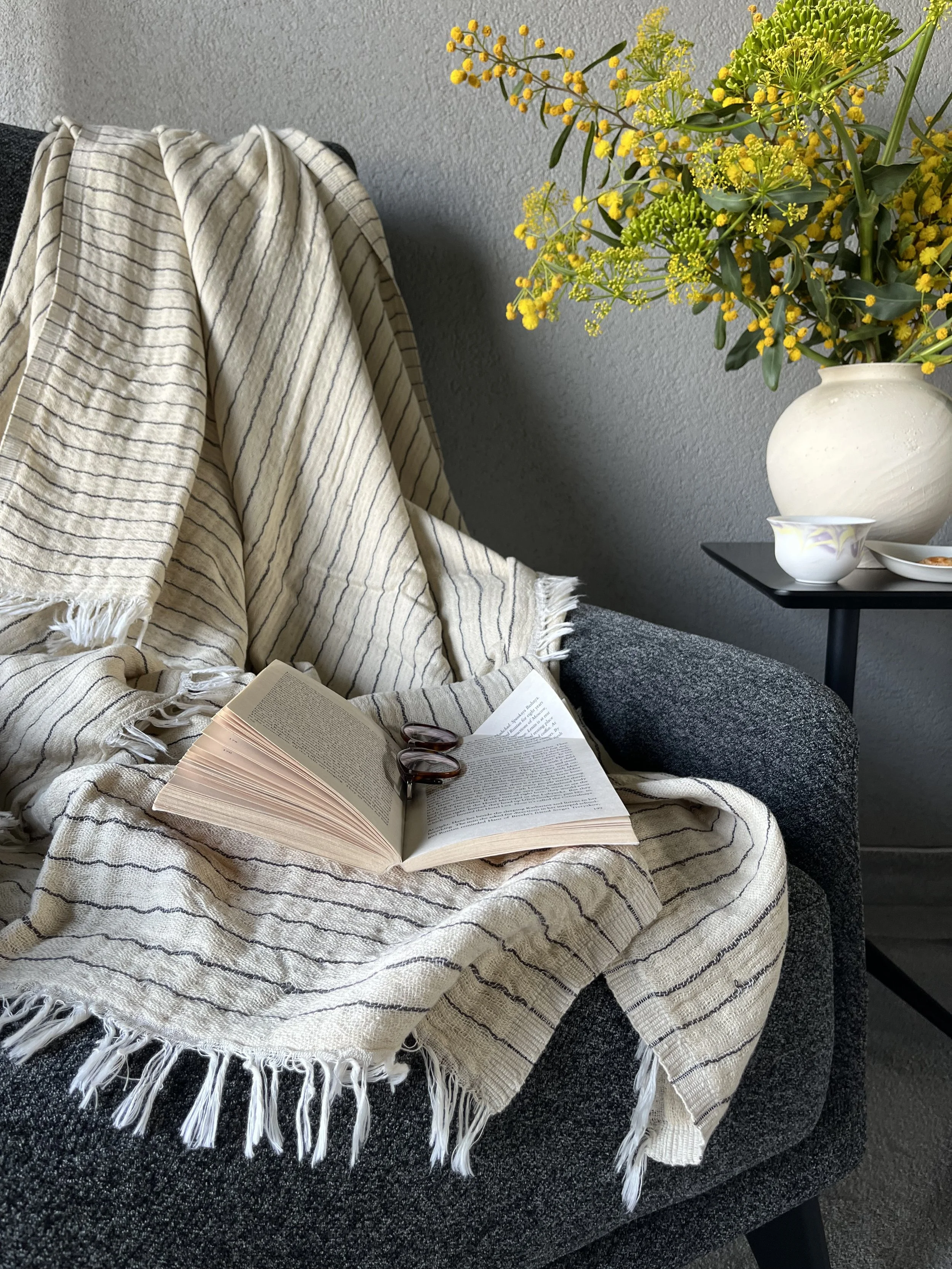 A cosy living room scene with a grey upholstered sofa covered by a premium, beige, woven, striped throw blanket. An open book with reading glasses resting on it is placed on the blanket.