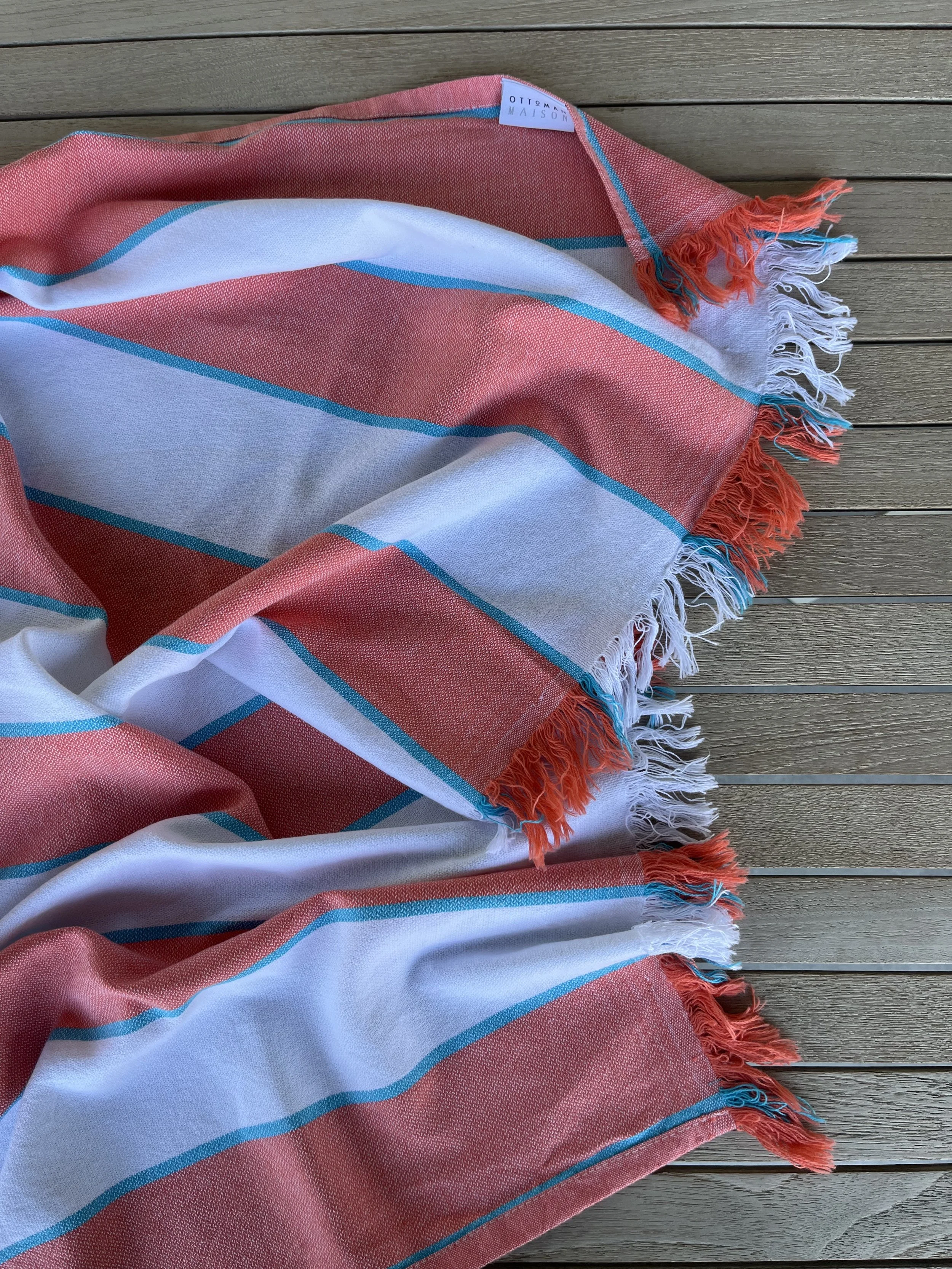 Antibes: Luxury Riviera Striped Turkish Towel & Peshtemal | Effortless Coastal Elegance - Turquoise, Coral and white stripes