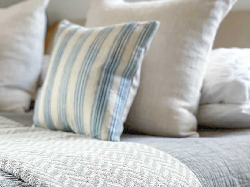 Iznik Vintage Linen Cushions - Kale Blue Stripe K1