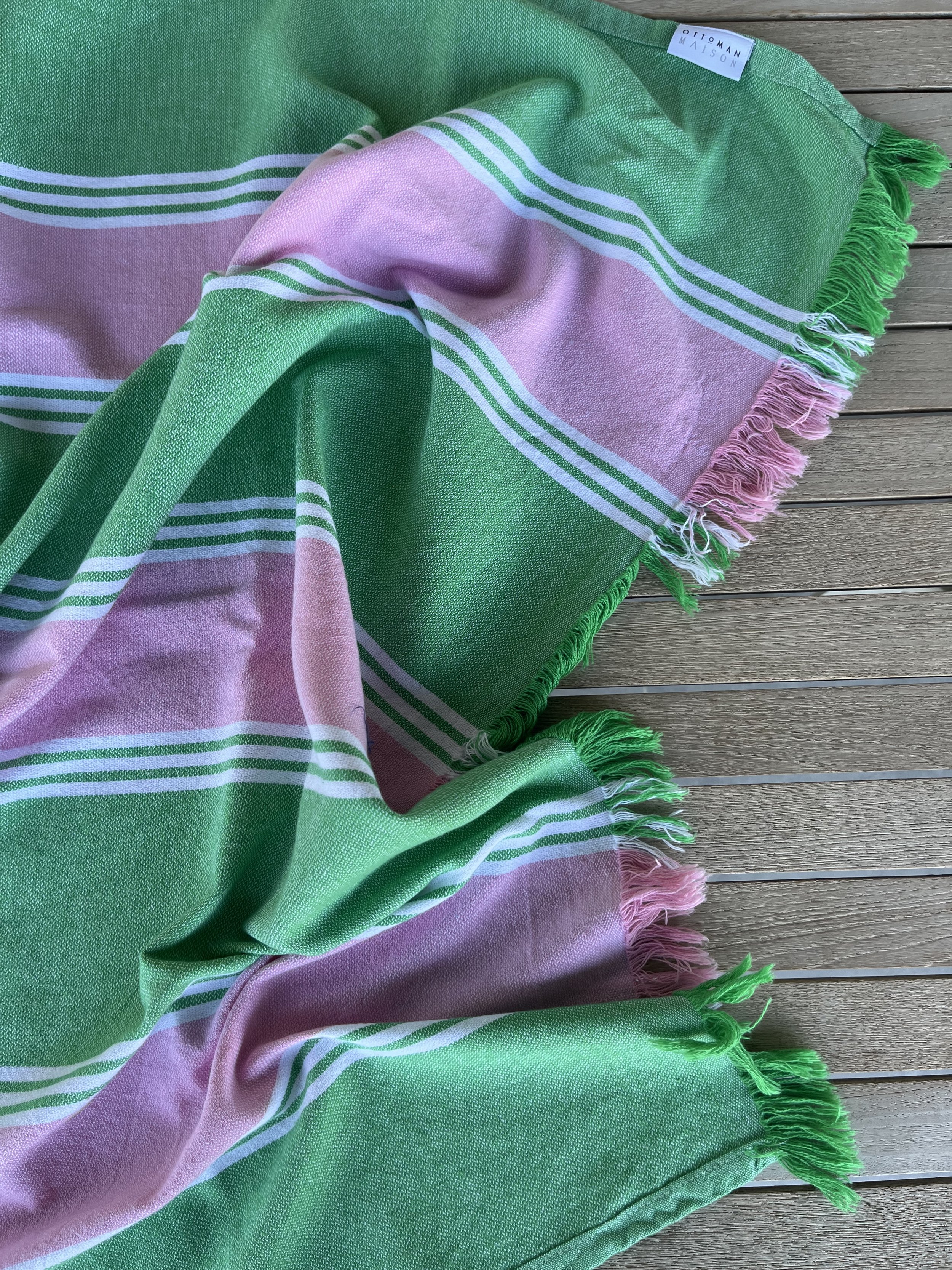 Portofino: Luxury Vibrant Striped Turkish Towel & Peshtemal | Bold Mediterranean Style - Green, Pink & White Stripes