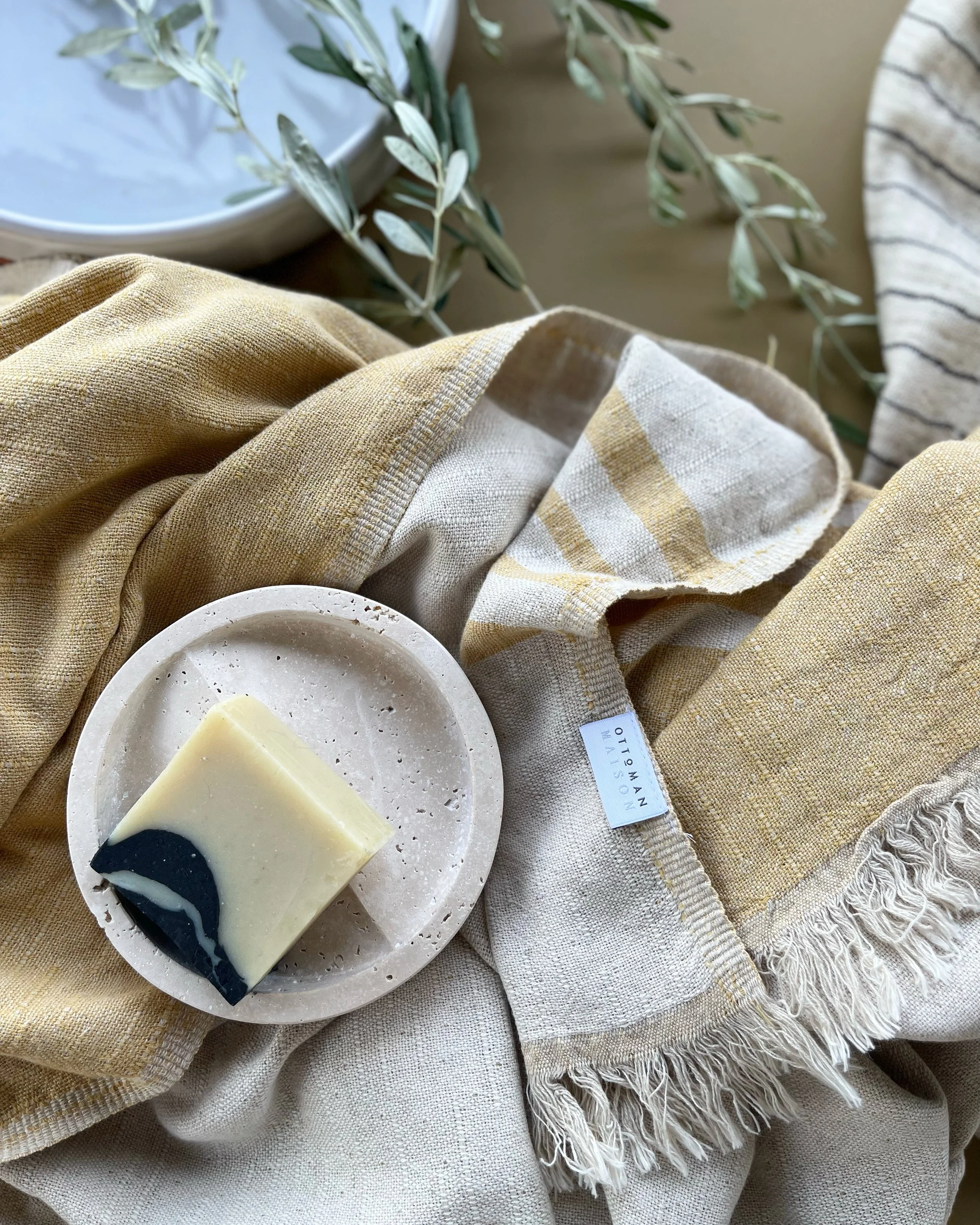 Milos Linen Blend Striped Blanket - Mustard