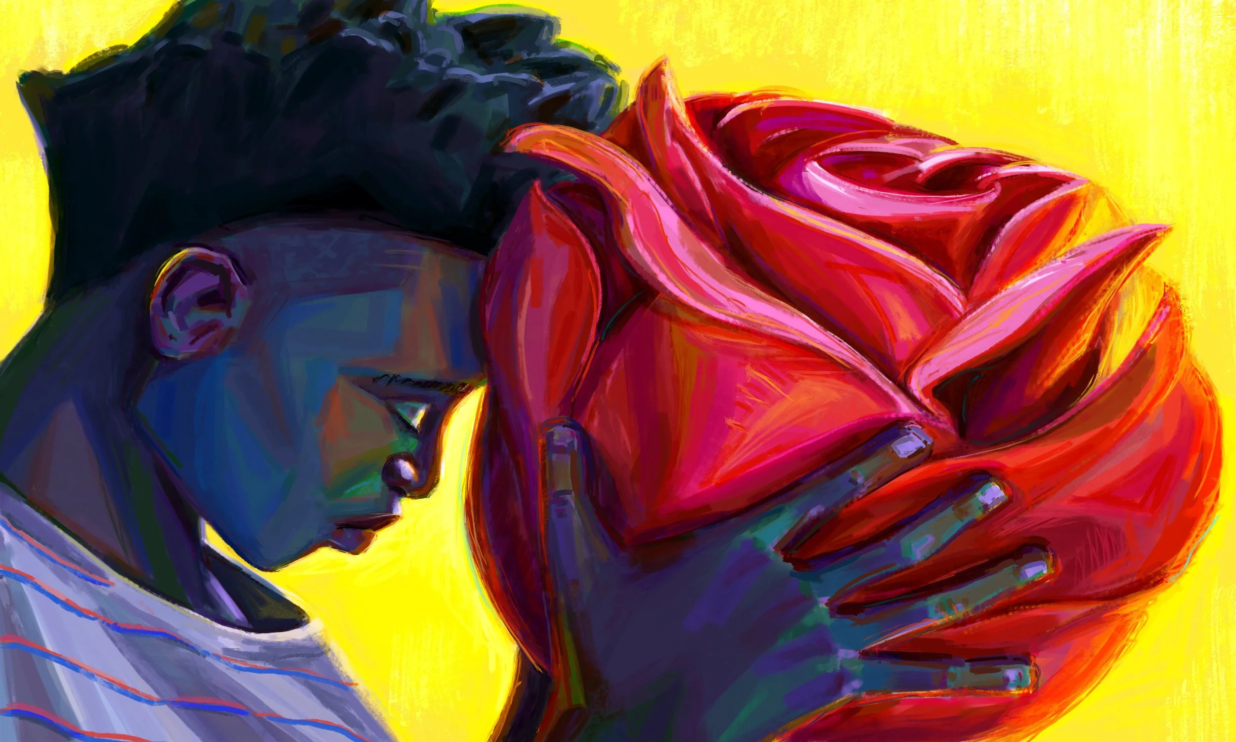 A digital painting of a person with short dark hair, wearing a striped shirt, holding and smelling a large, vibrant red rose against a bright yellow background.