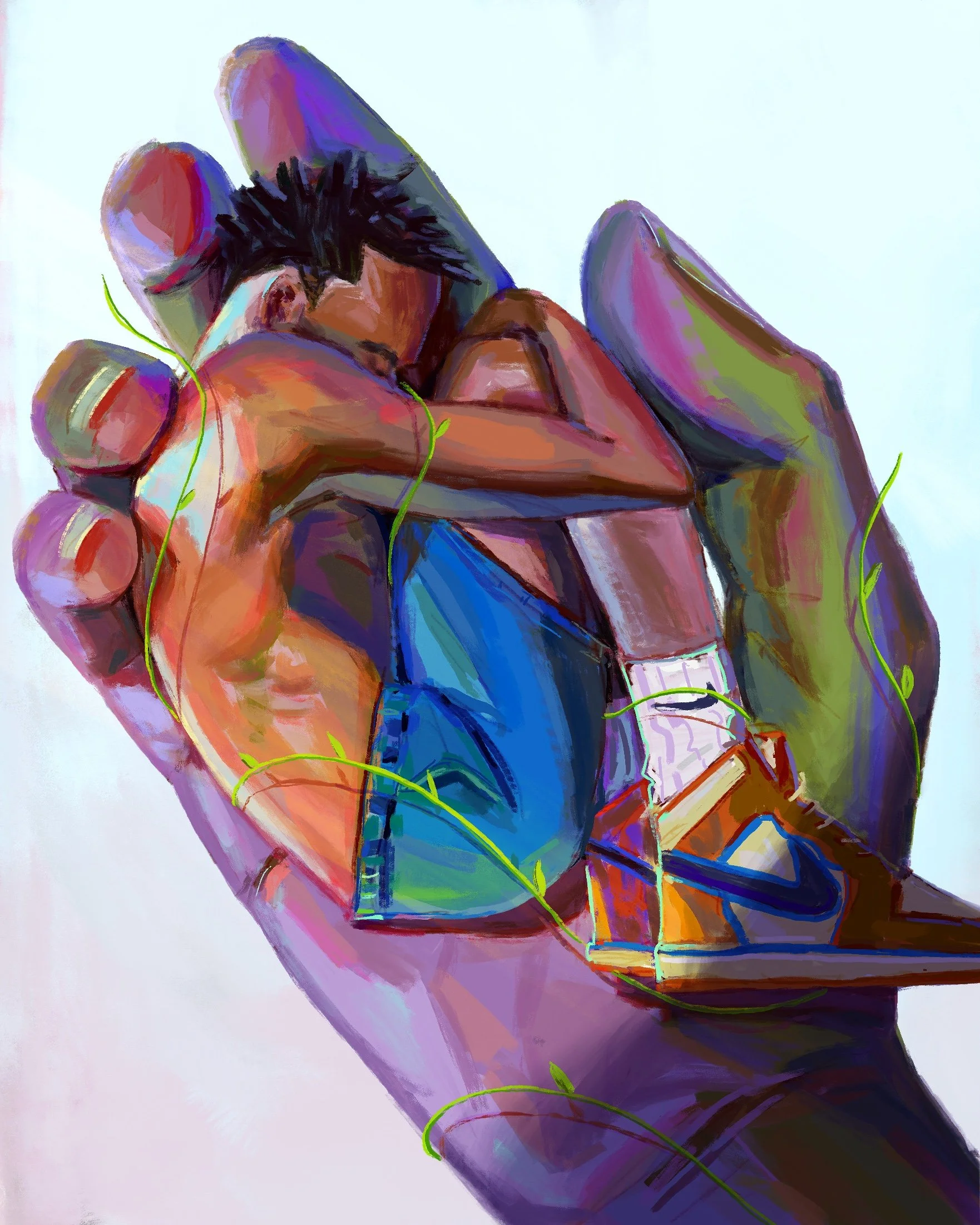 A digital painting of two young men hugging on a large hand, with vibrant colors and green vines intertwined.
