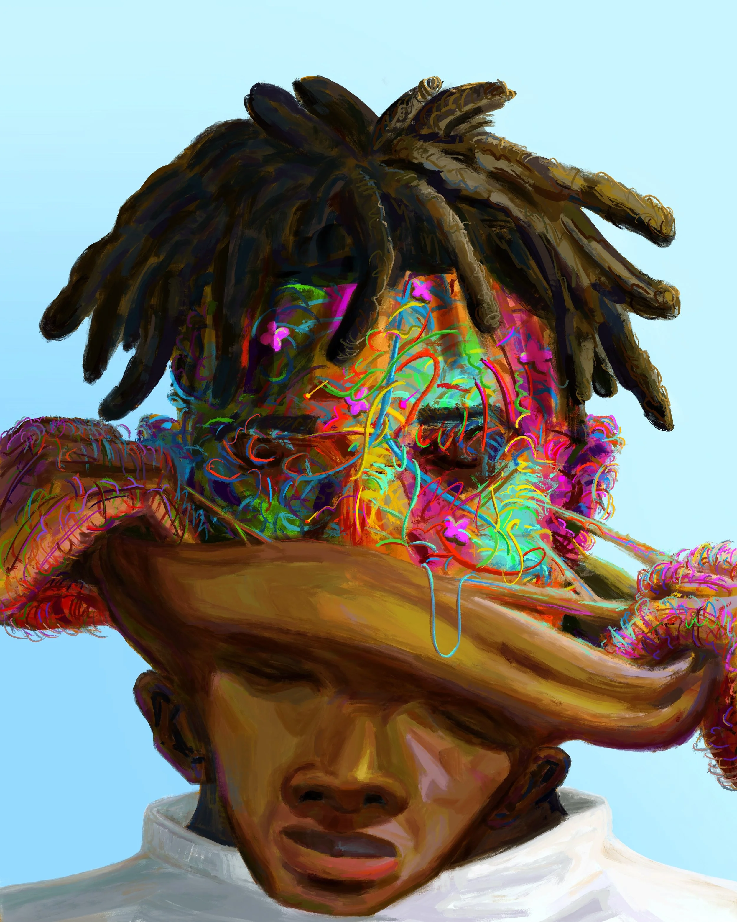 Digital artwork of a person's head with moving dreadlocks and colorful neon scribbles covering the eyes and face.