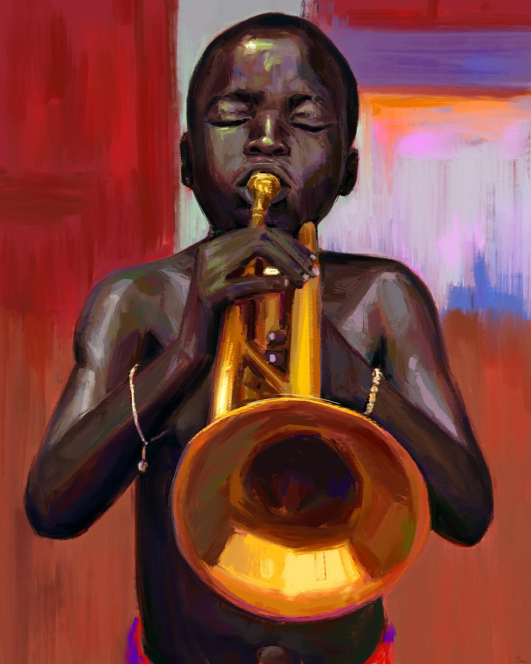 A painting of a young boy playing a trumpet with his eyes closed against a colorful background.