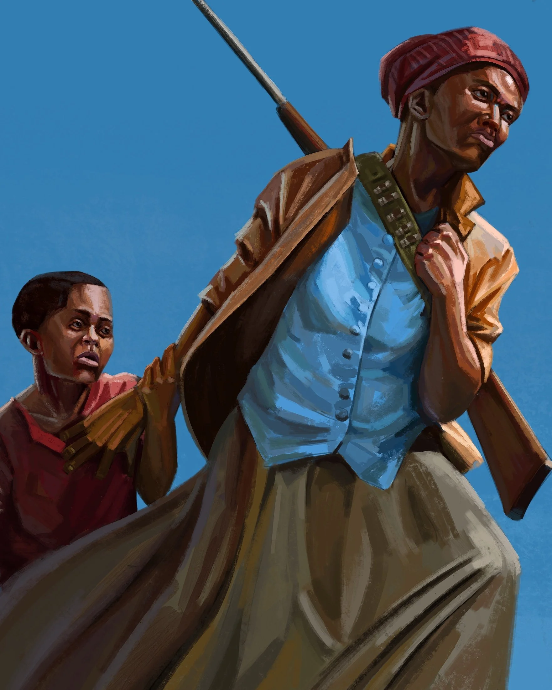 A woman with a headscarf carrying a rifle on her shoulder leading a young boy who is gripping her arm, against a clear blue sky.