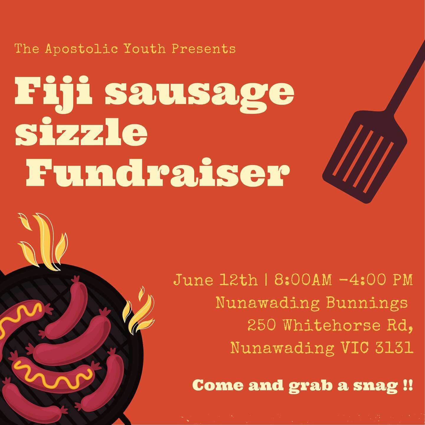 Hey everyone!! 

This Sunday we are having a sausage sizzle fundraiser for our trip to Fiji this year!!! 

Bring your friends and family along and grab a sausage!

SEE YOU THEN!!