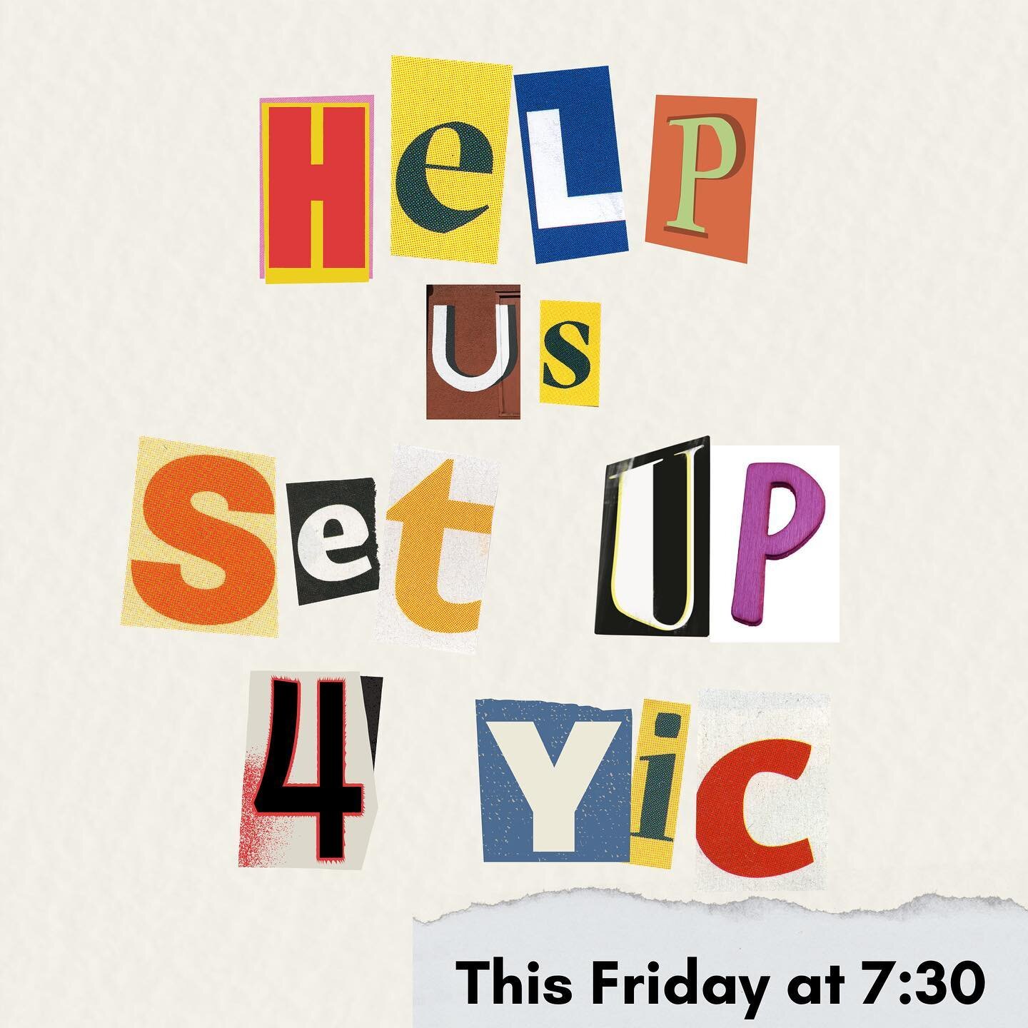 This Sunday we will be hosting the YIC event. We would love if you came along to help us set up tonight at 7:30