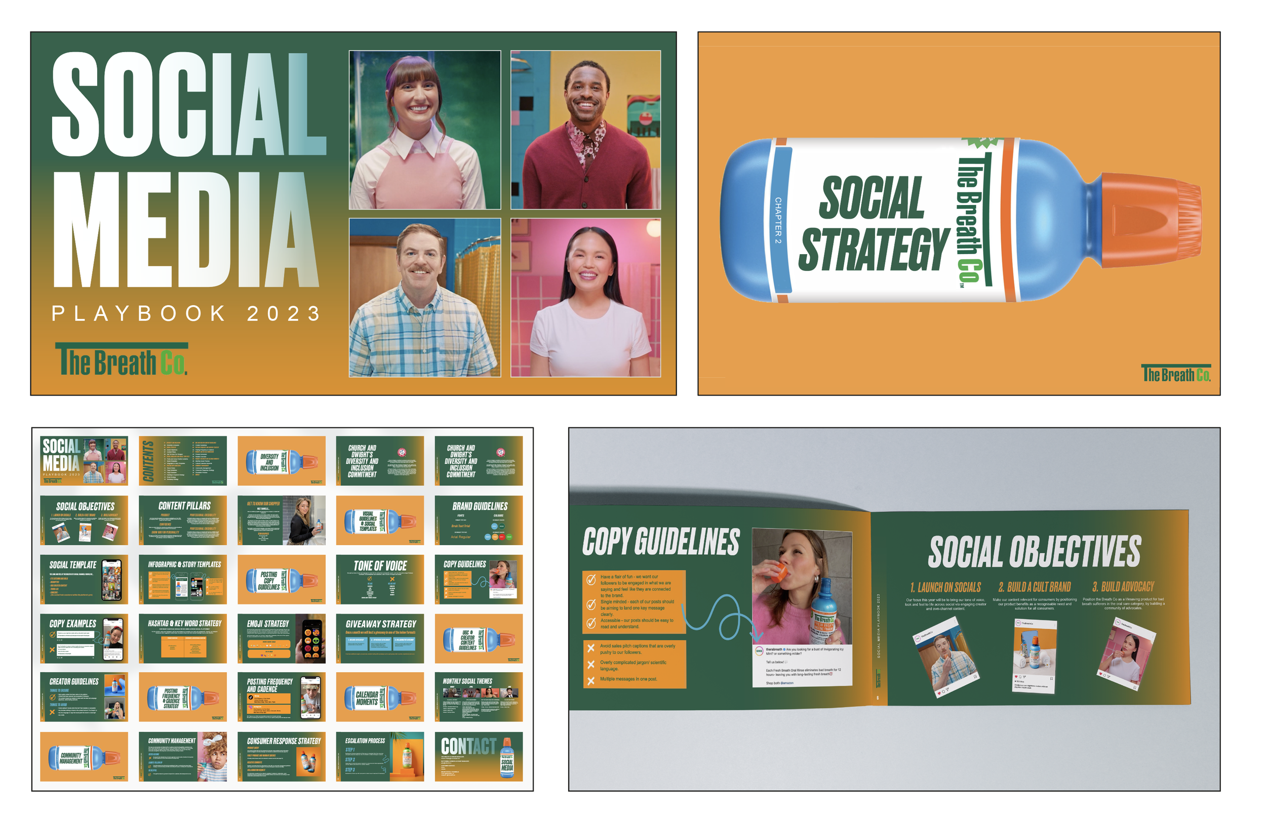 Cover and sample pages of a social media strategy playbook for 2023 by The Breath Co., featuring colorful layouts, photos of diverse individuals, and visual guidelines for social media content and objectives.
