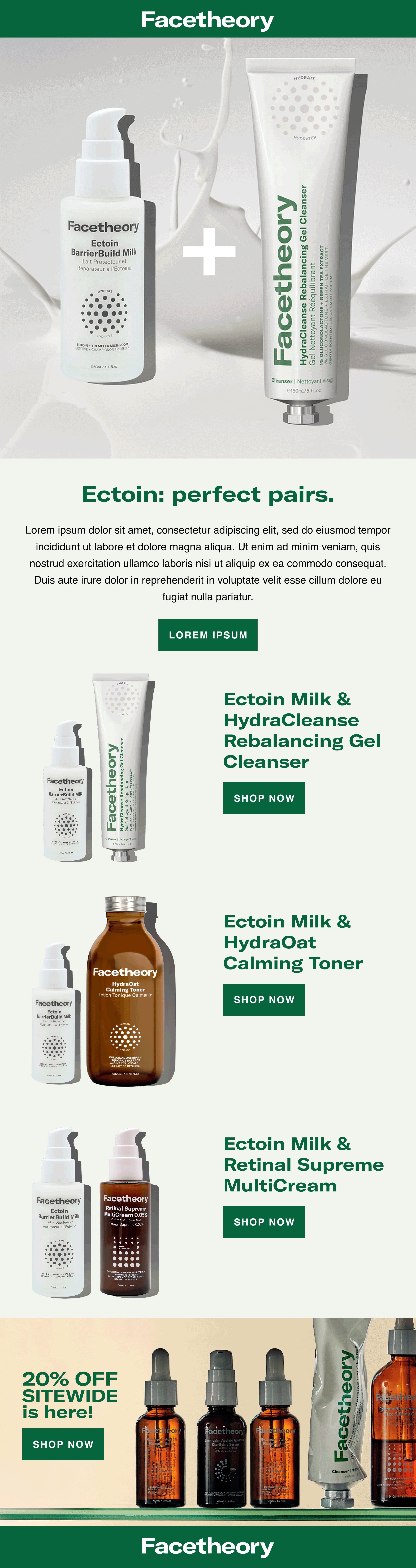 An advertisement showcasing Facialery skincare products, including Ectoin Barrier Build Milk, HydraCleanse Rebalancing Gel Cleanser, HydraOat Calming Toner, and Retinal Supreme MultiCream, with descriptions and discounts.