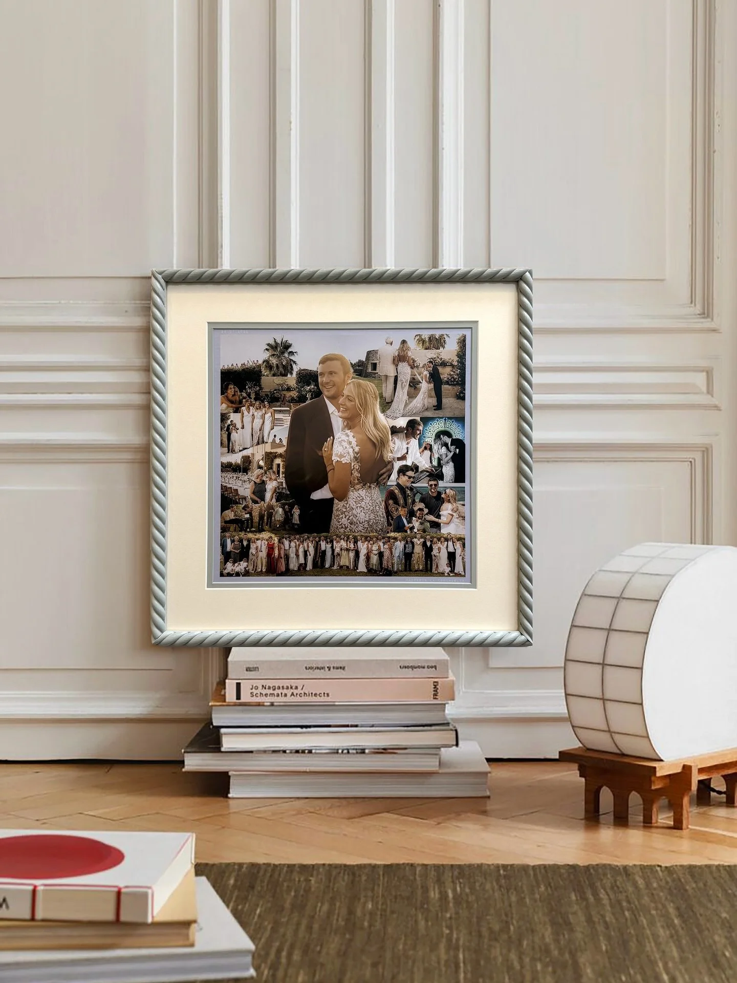 When it’s time for a frame refresh β¨
The Gibson’s Puglia wedding reframed in the Rope Twist frame and double mount. Hand painted in @farrow Green Blue π
Get in touch for commissions and made to order framing. 
#weddingcollage #collgec