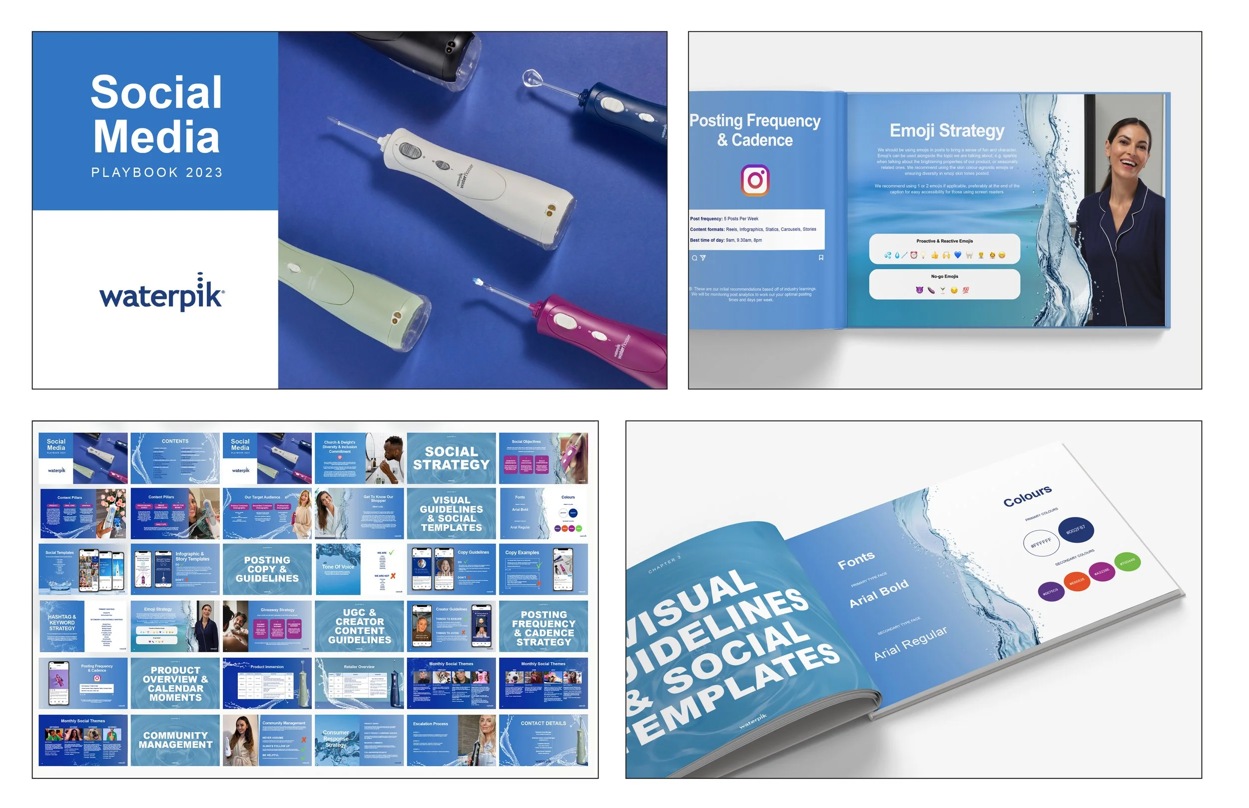 Waterpik social media playbook 2023, including images of dental water flossers, colorful infographic pages about social media strategies, emoji strategies, social media templates, guidelines, and branding elements featuring shades of blue, white, and green.
