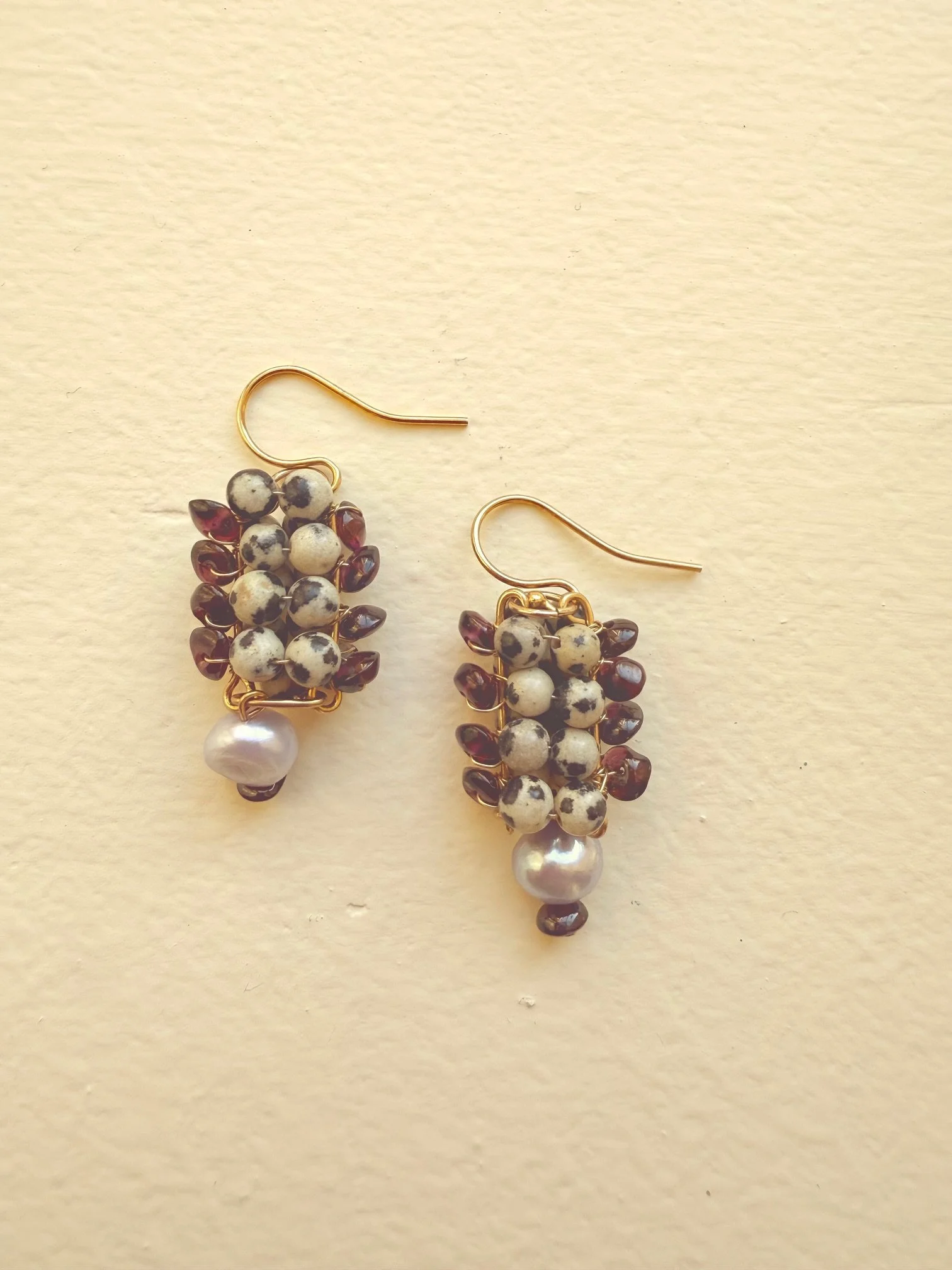 Dalmatian Agate, Garnet & Pearl Earrings