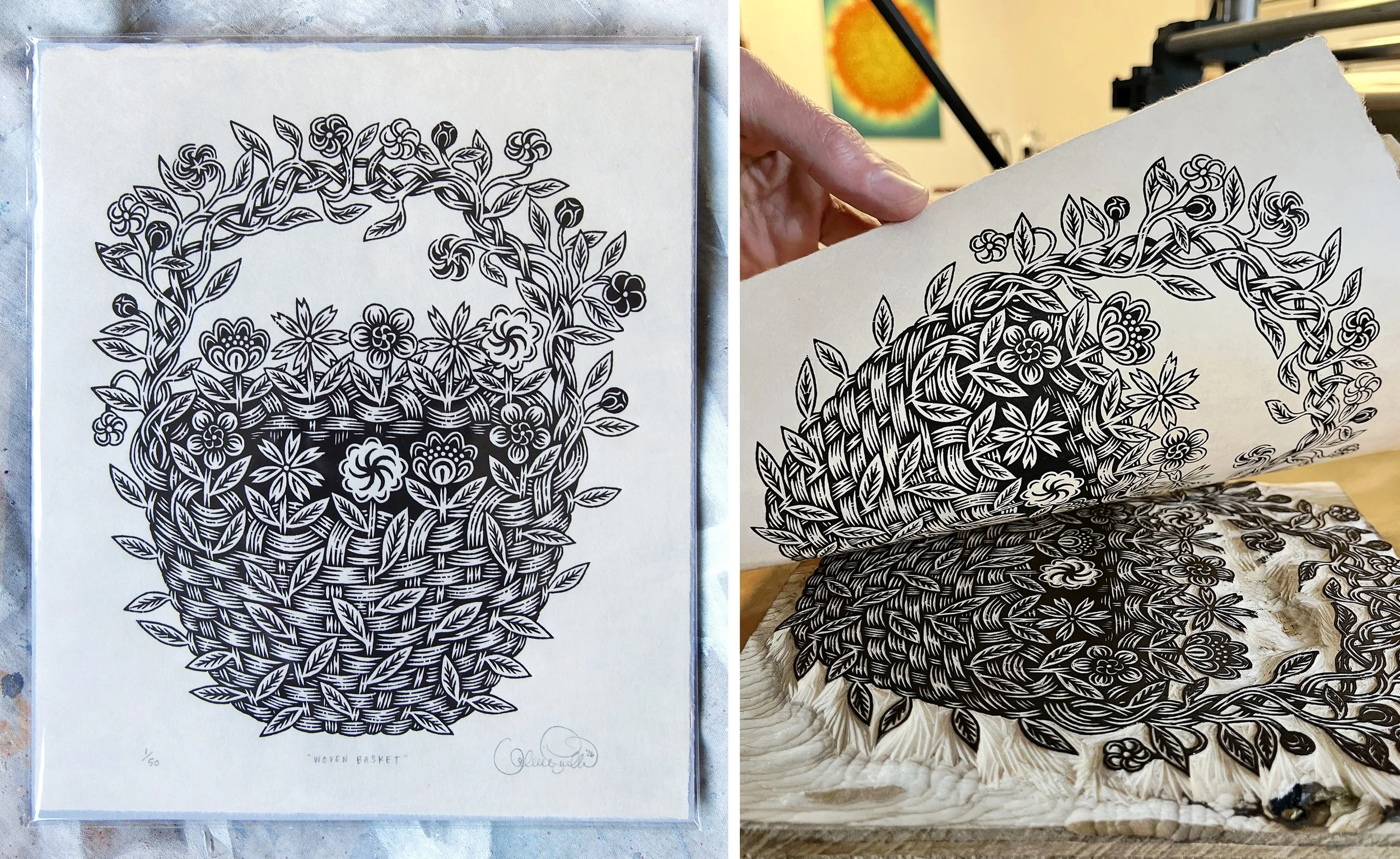 Woven Basket Woodcut Print by Valerie Lueth, Tugboat Printshop.