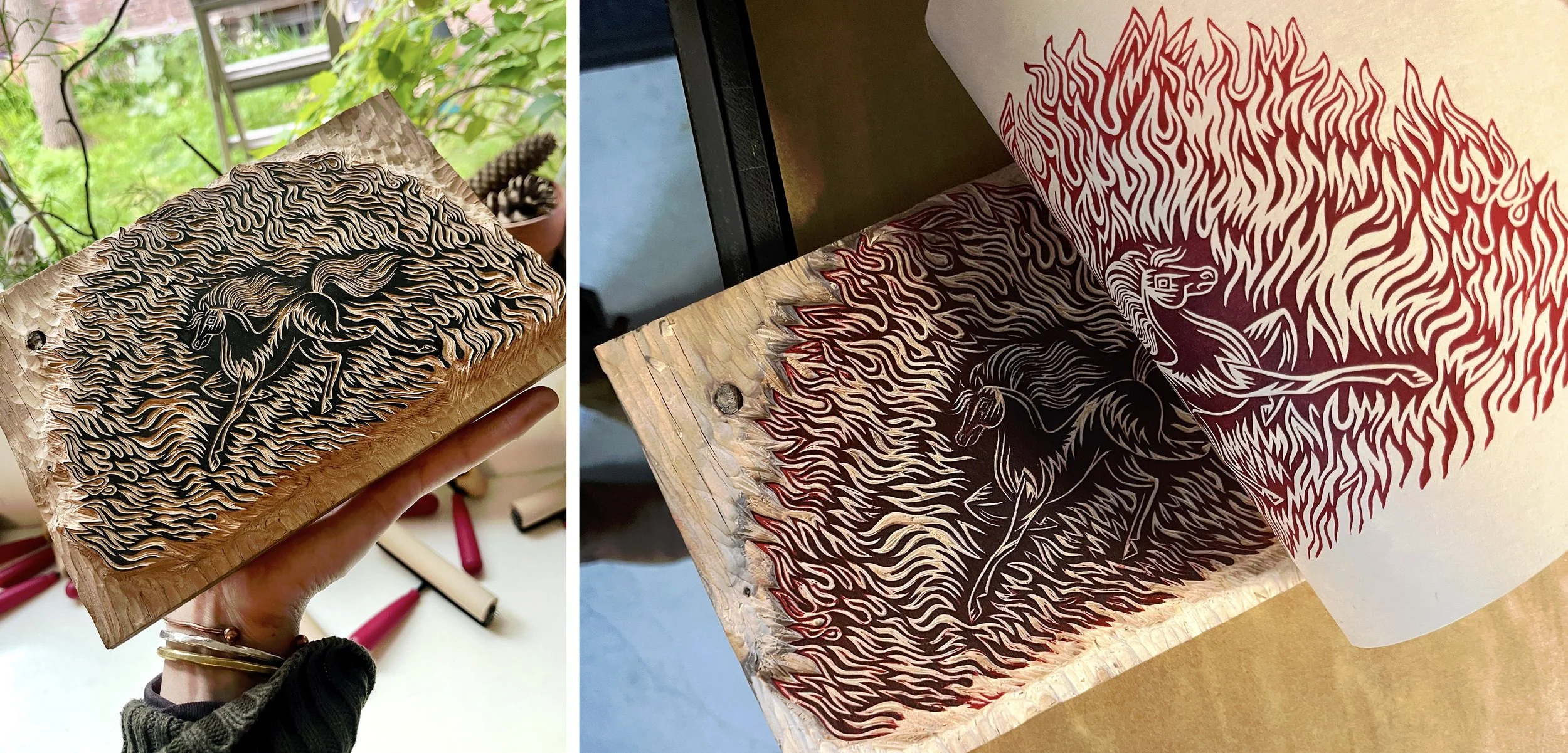 "FIRE HORSE" Woodcut Print | Tugboat Printshop