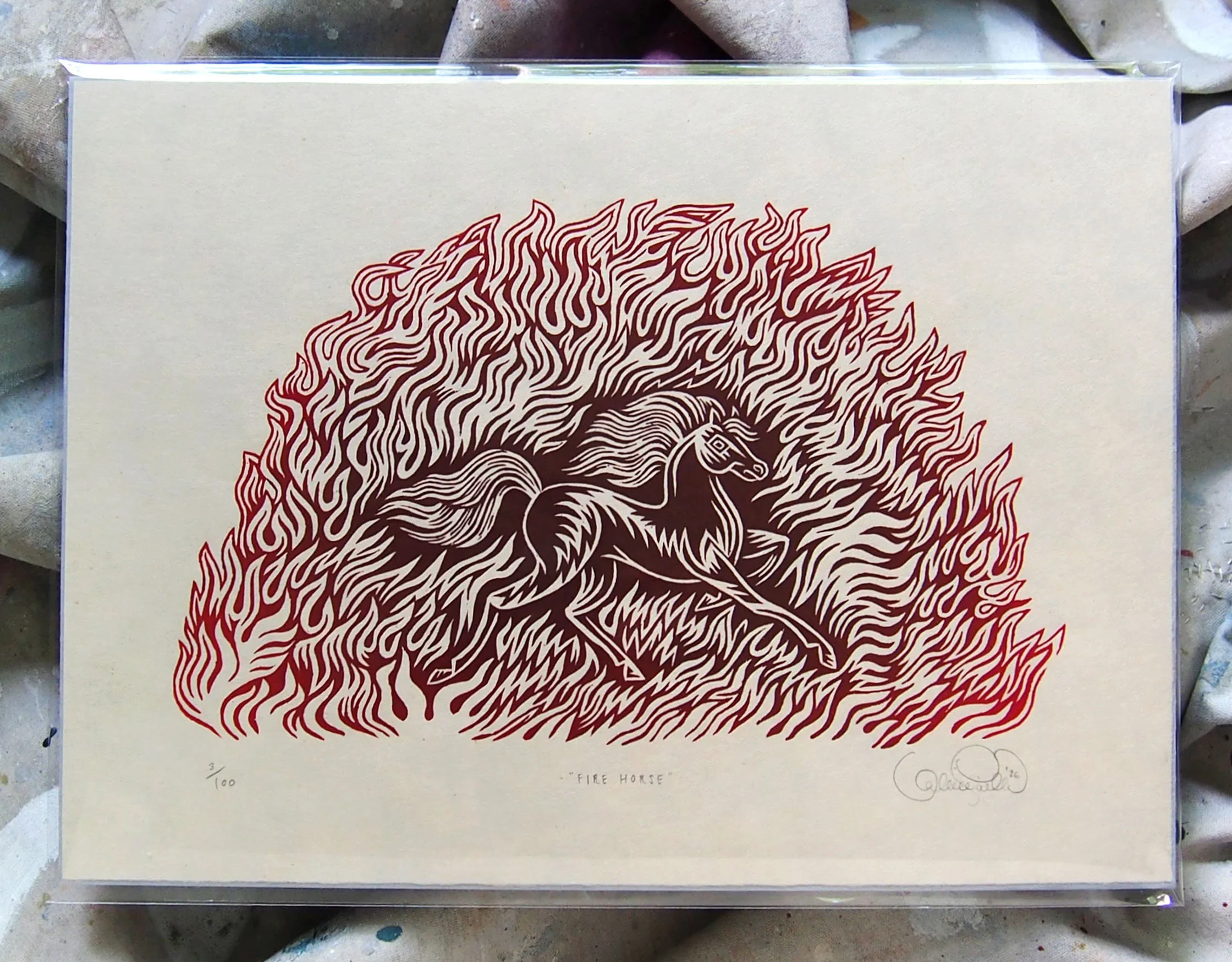 "FIRE HORSE" Woodcut Print by Valerie Lueth, Tugboat Printshop