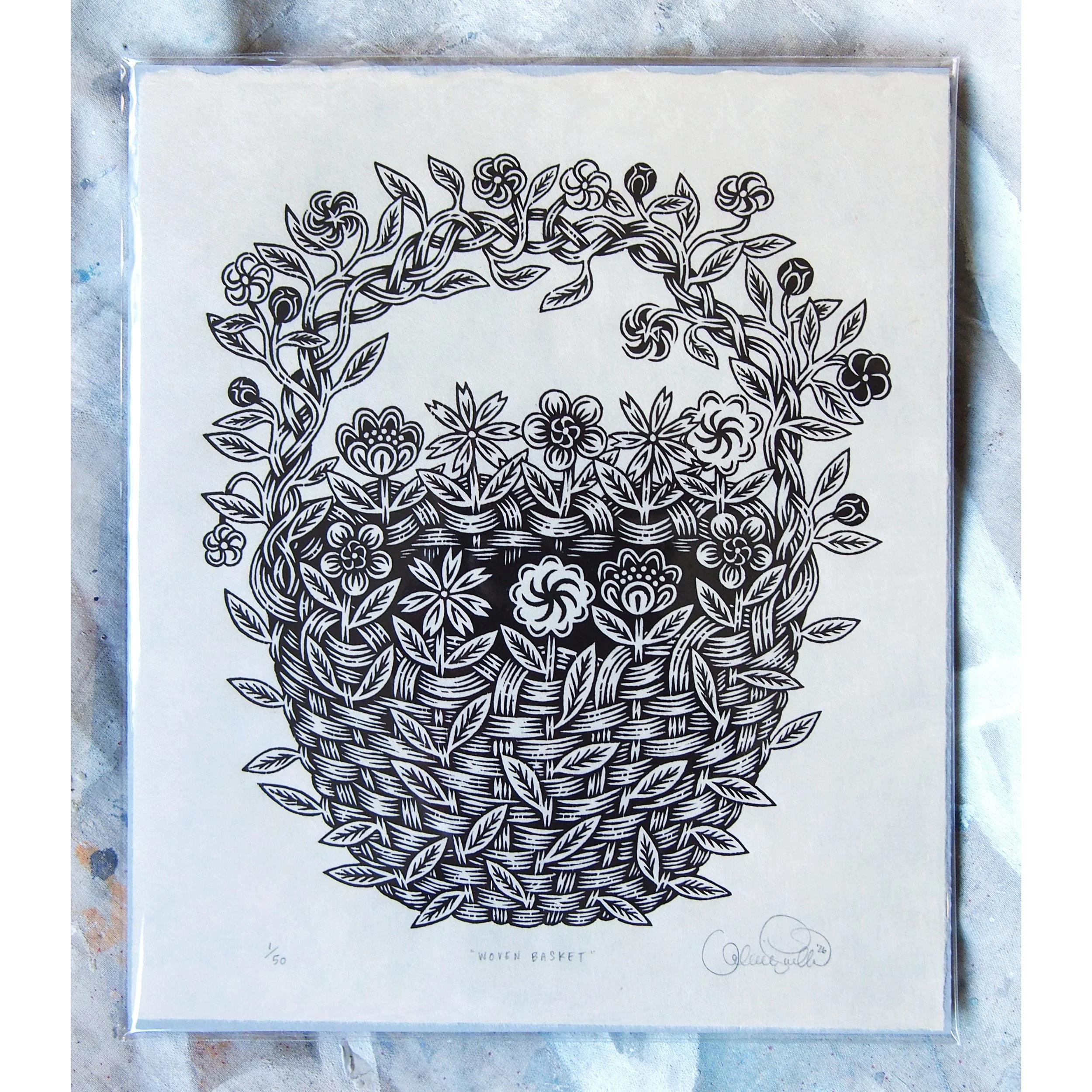 "WOVEN BASKET" Woodcut Print - B&W