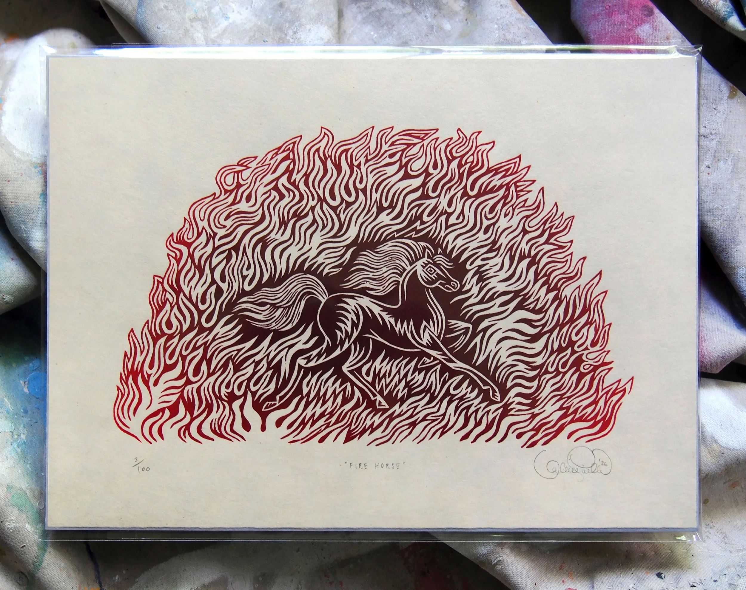 "FIRE HORSE" Color Woodcut by Valerie Lueth, Tugboat Printshop