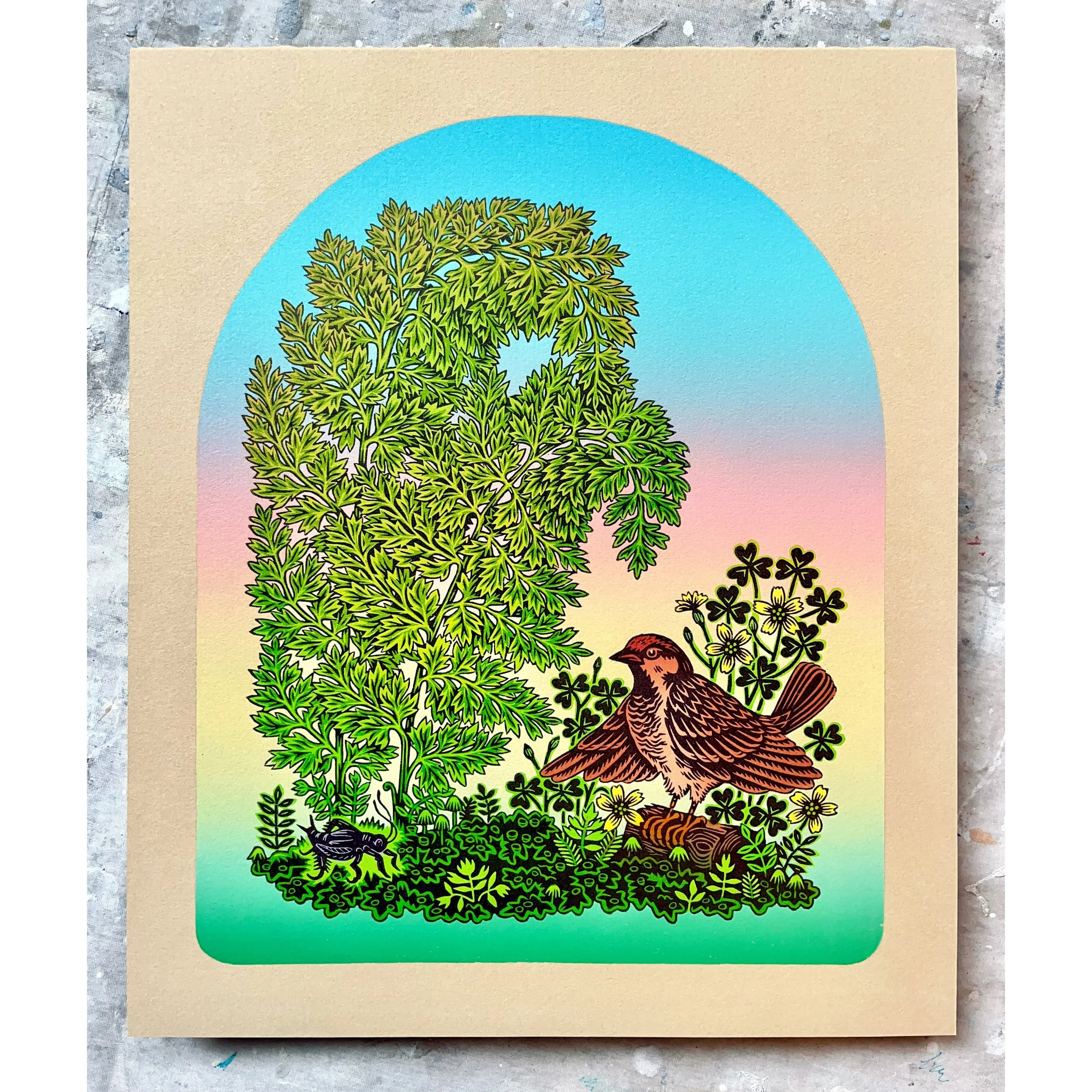 "SONGBIRD & CRICKET" Woodcut