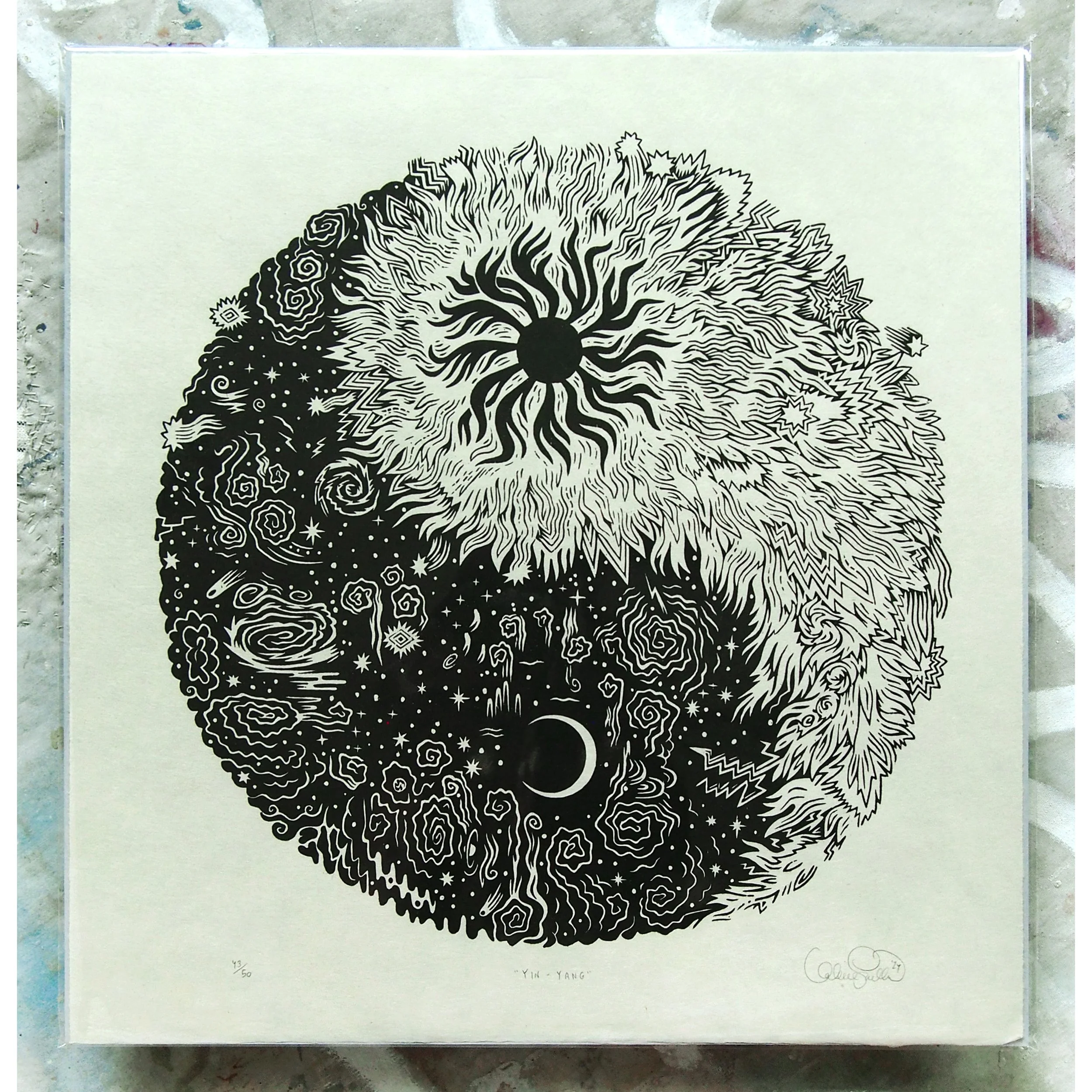 "YIN-YANG" Woodcut Print - B&W