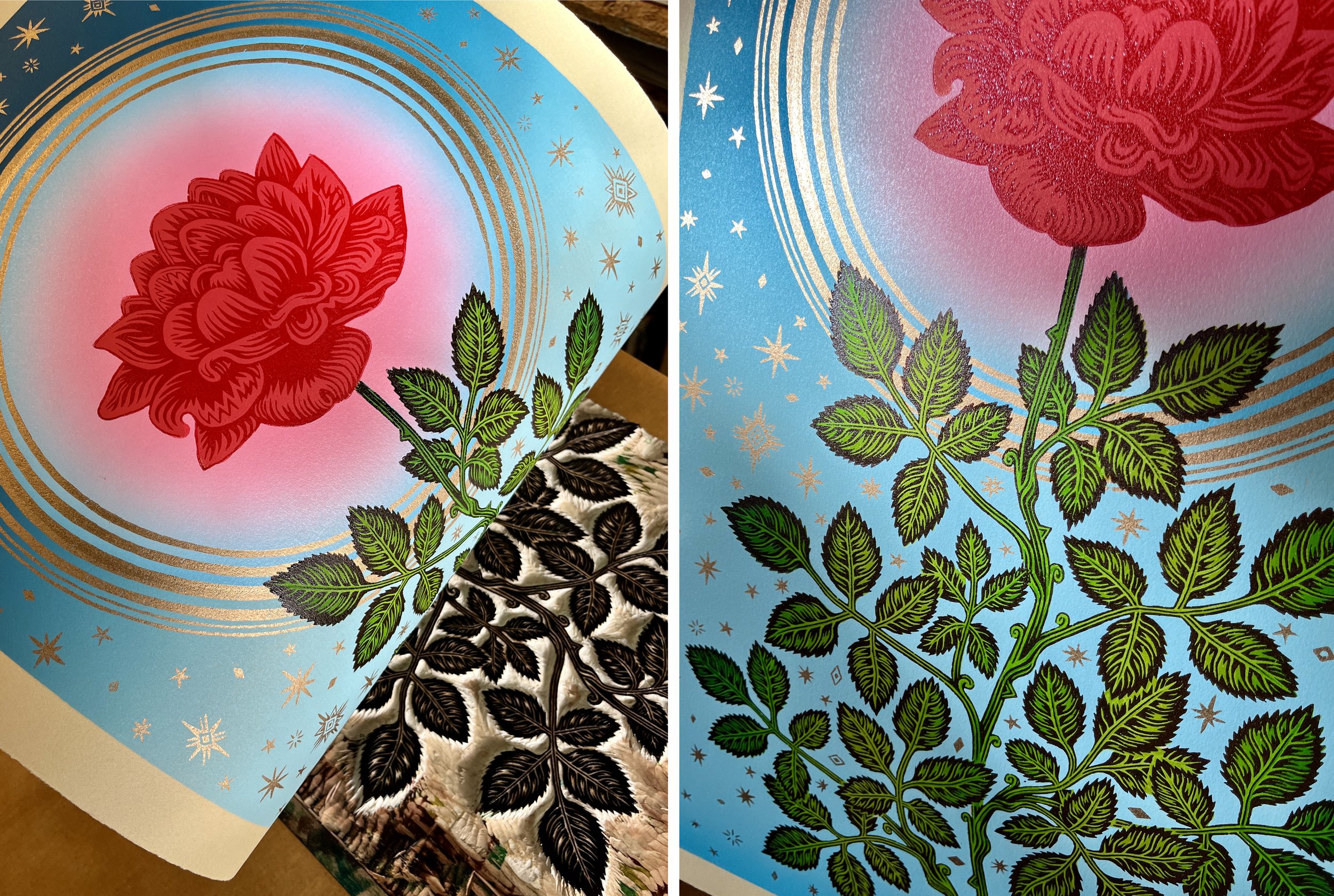 "GLOWING ROSE" Woodcut Print, Woodblock Print by Valerie Lueth, Tugboat Printshop