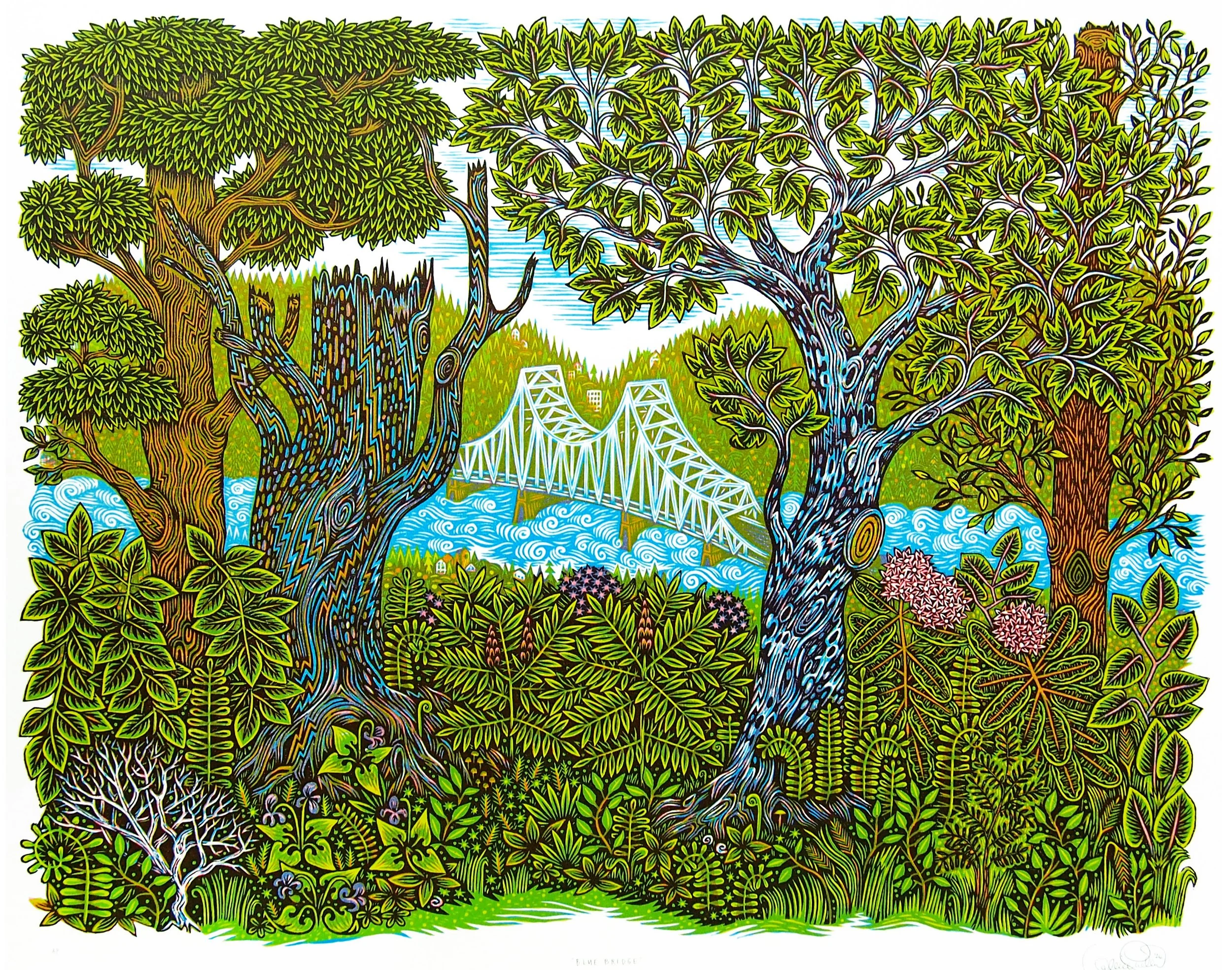 "Blue Bridge" Color Woodcut Print by Valerie Lueth, Tugboat Printshop