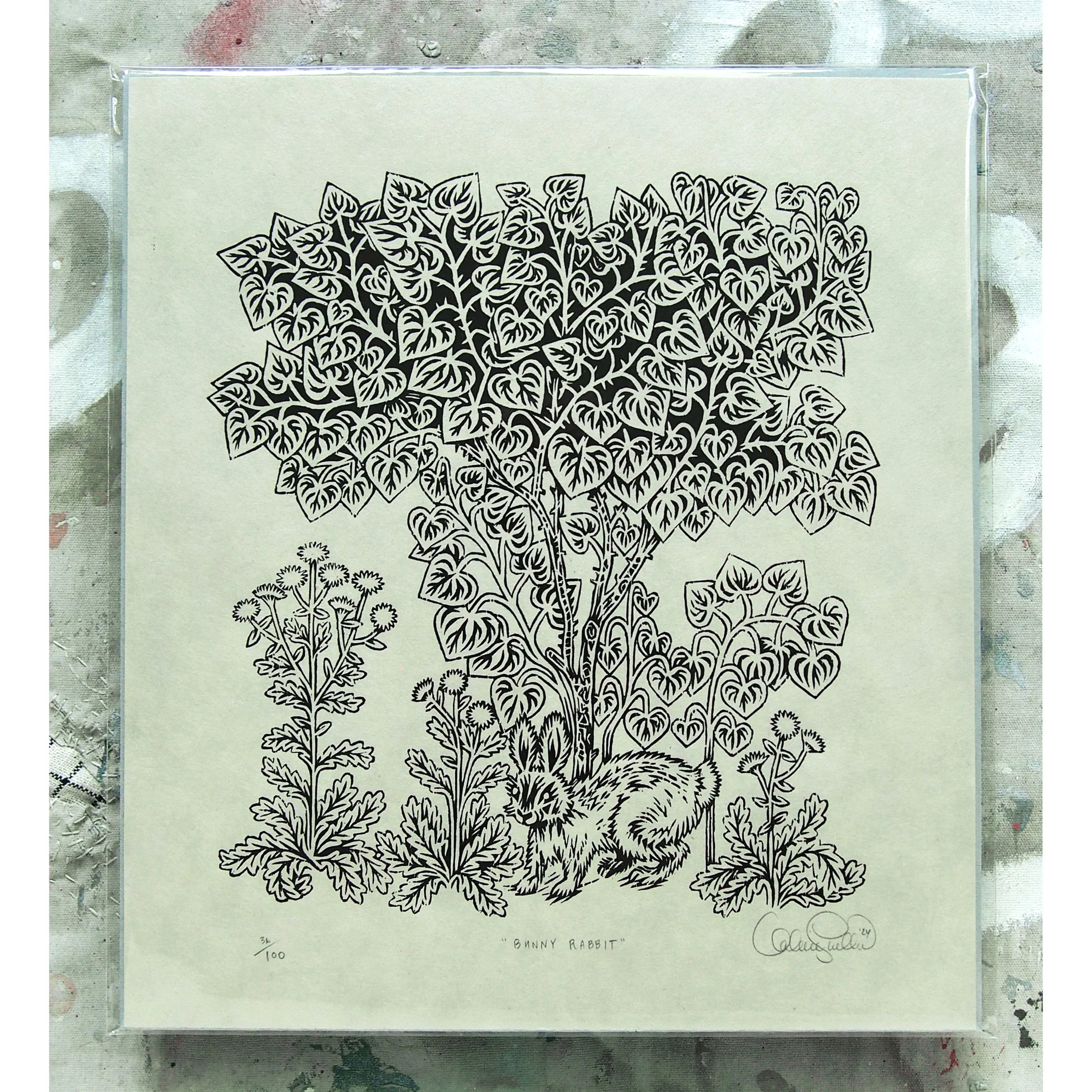 "BUNNY RABBIT" Woodcut Print - B&W