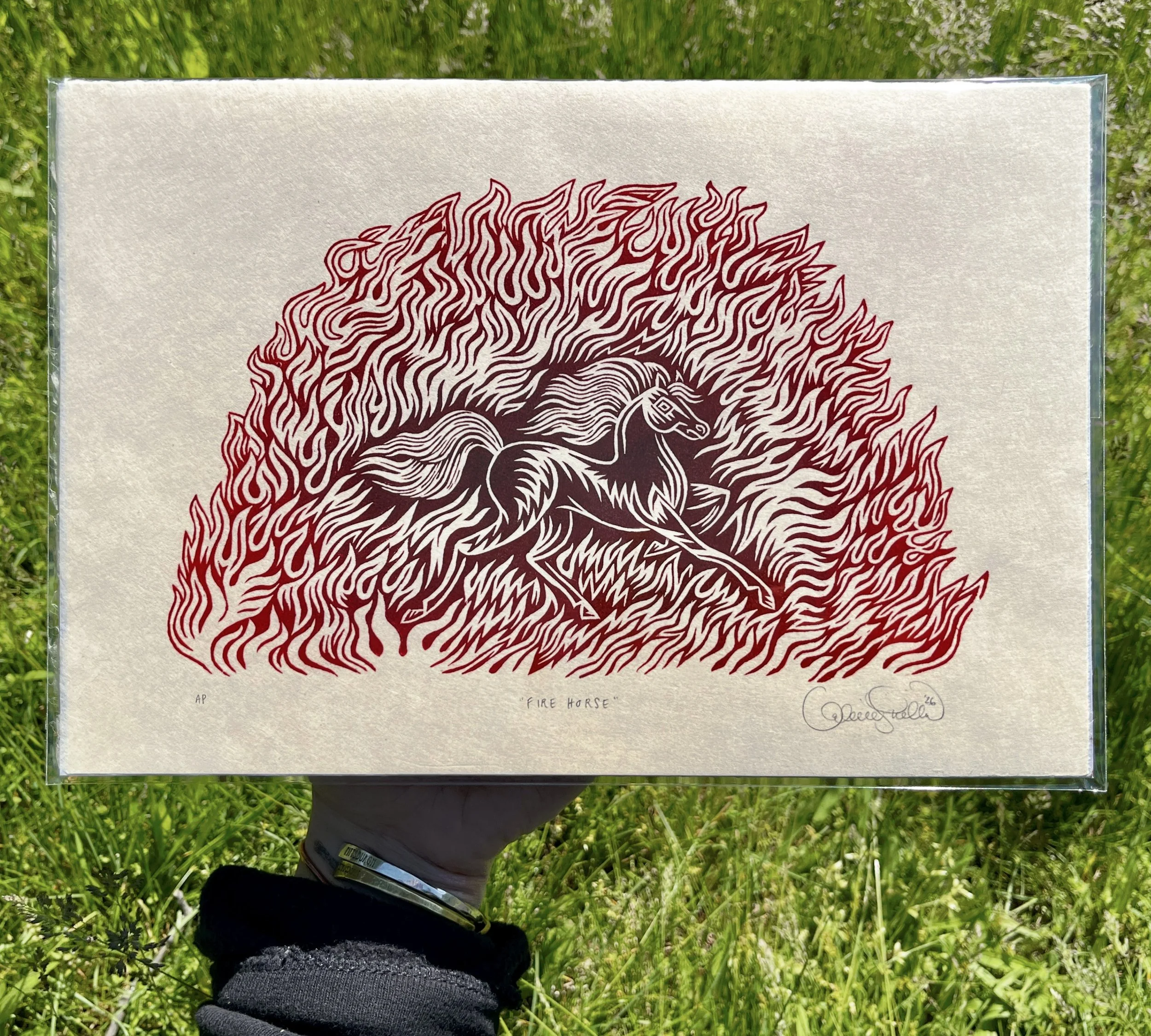 "FIRE HORSE" Woodcut Print by Valerie Lueth, Tugboat Printshop