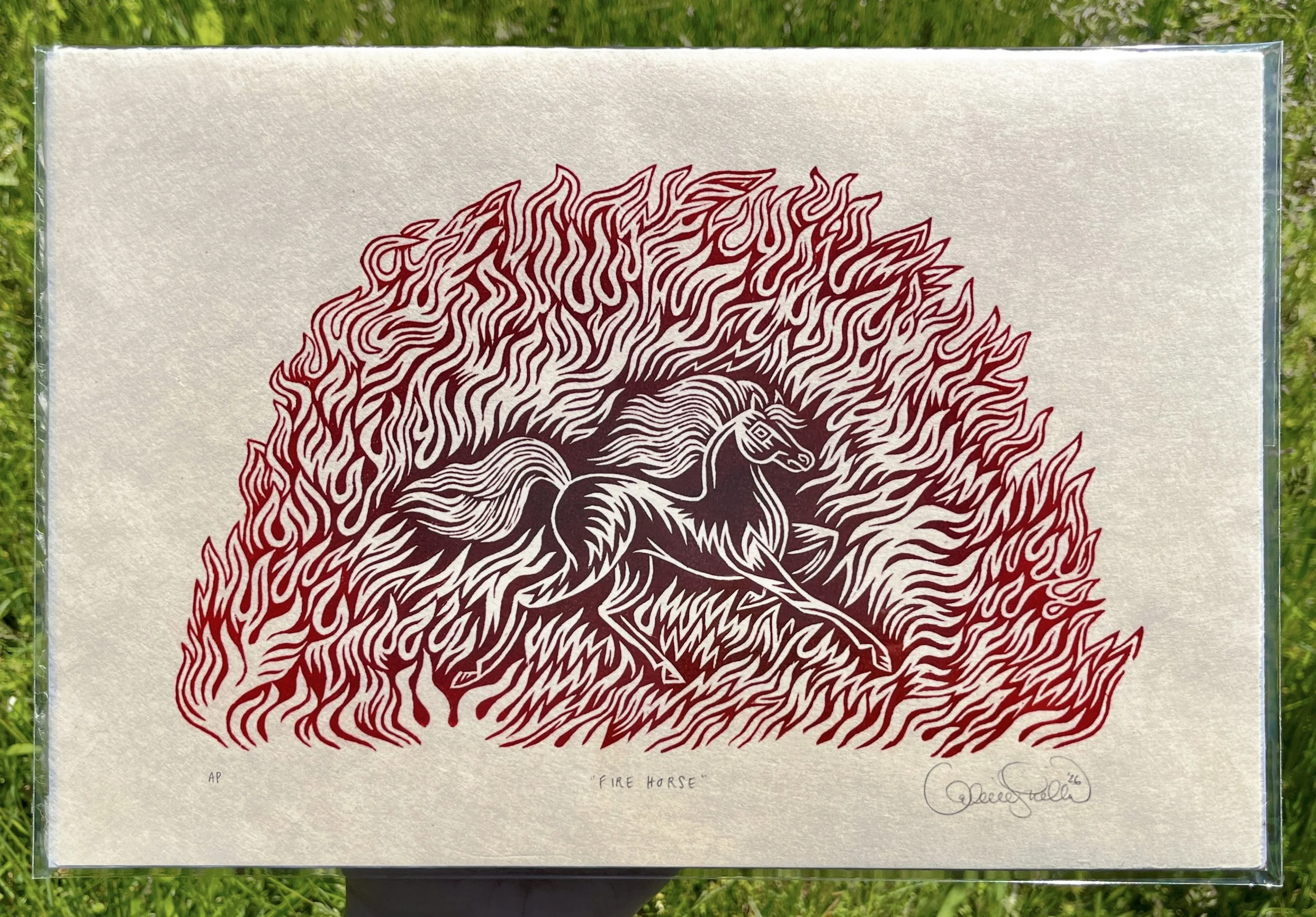 "FIREN HORSE" Woodcut Print by Valerie Lueth, Tugboat Printshop