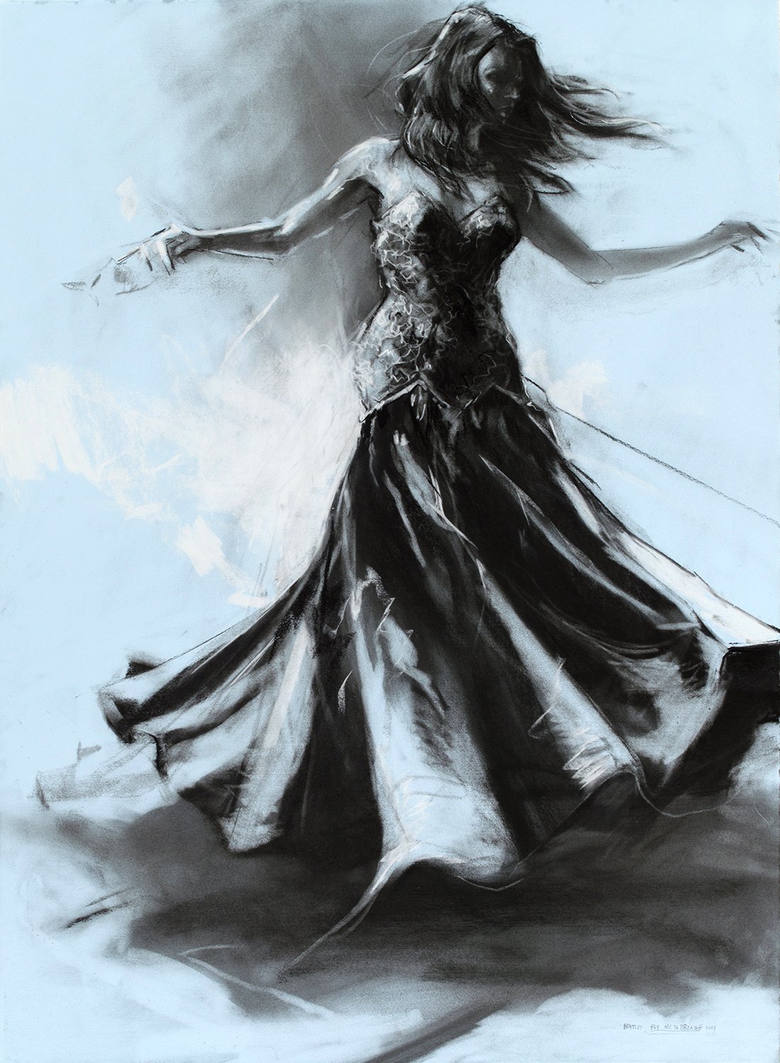 Fly Me To Breathe, 30" x 22", charcoal and chalk on blue paper, 2024