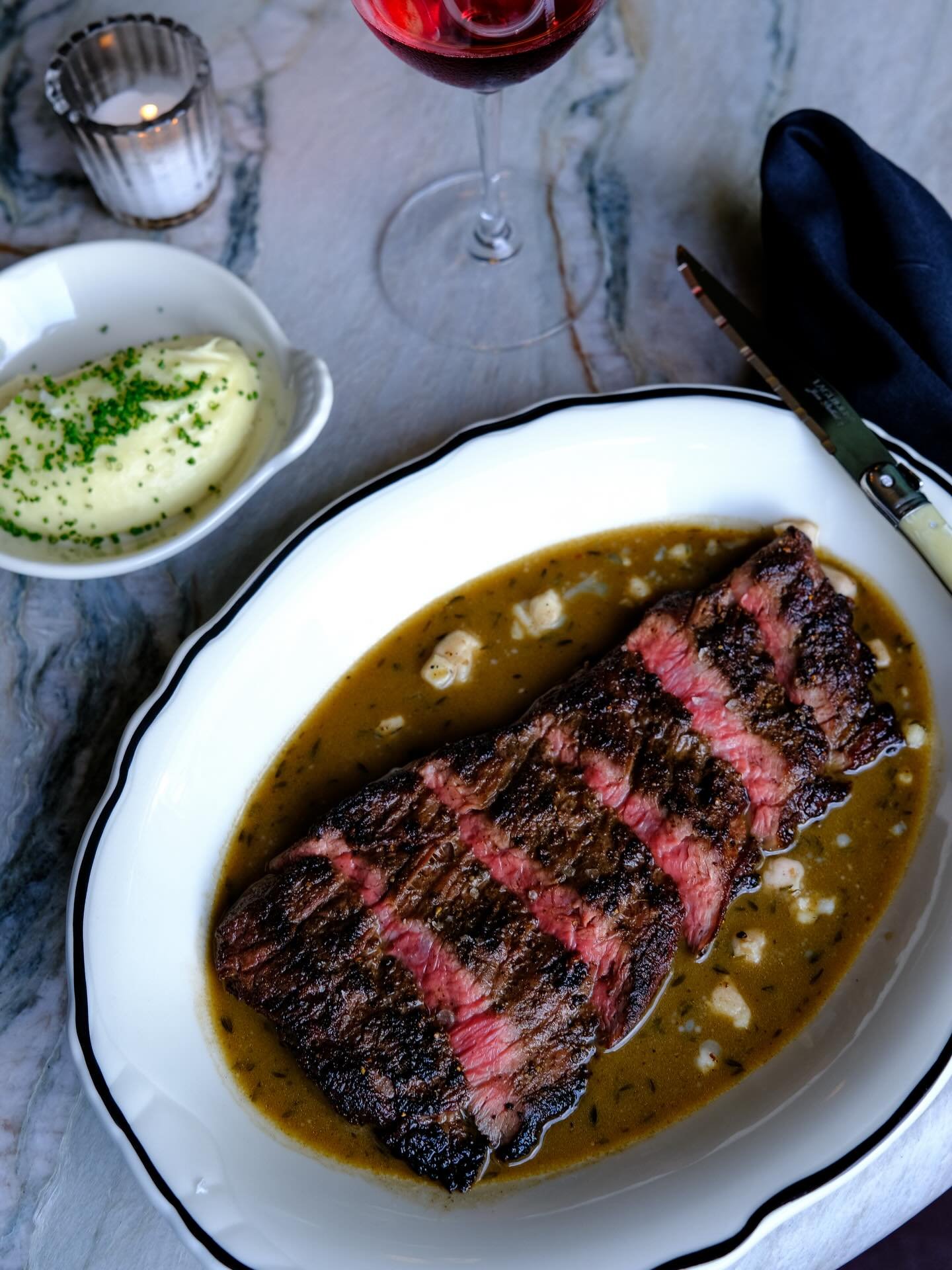 Steak au poivre with bone marrow + side of silky potato pur&eacute;e. 

Open Thursday - Tuesday at 4:00! 💚