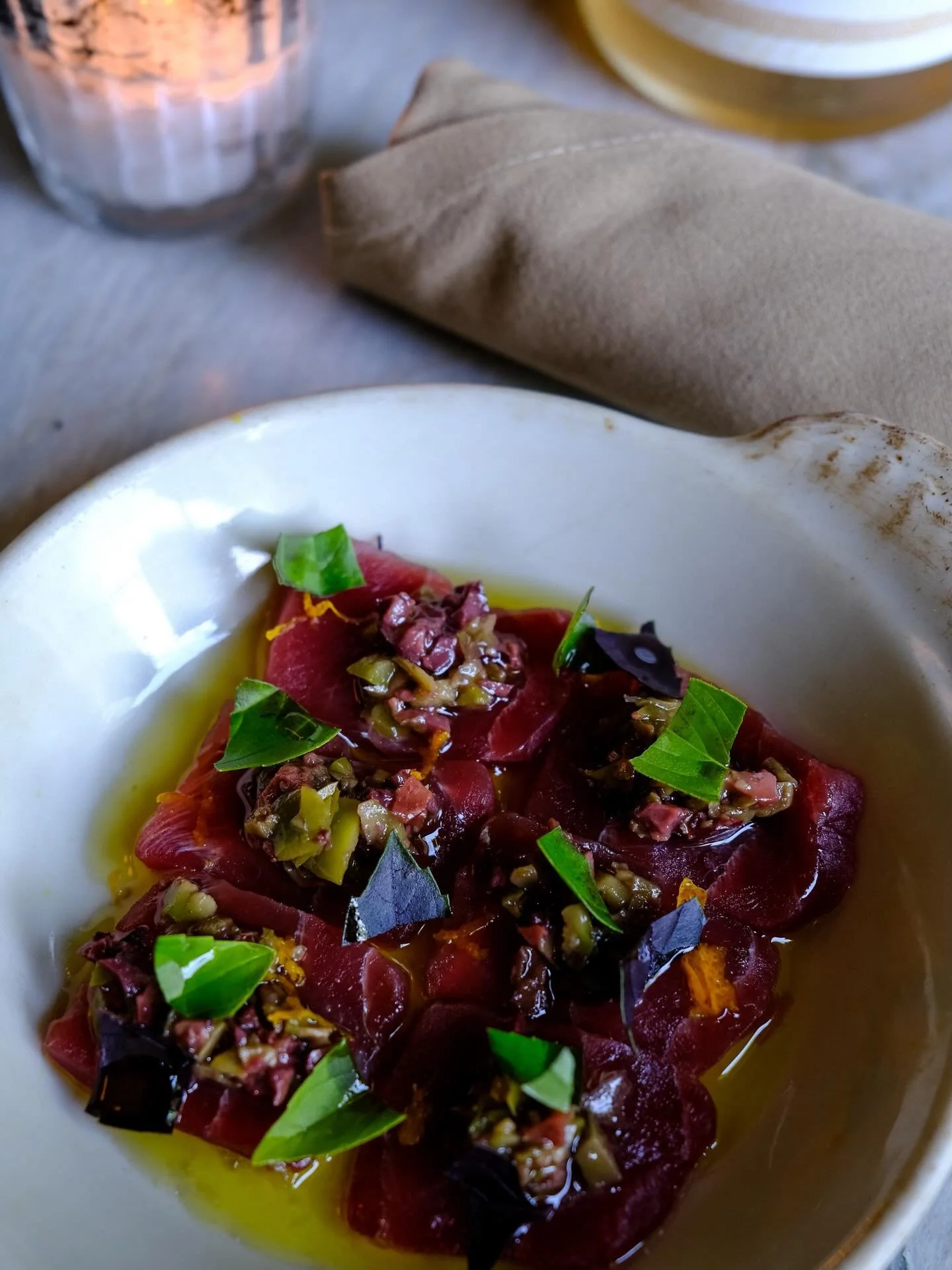 Maine bluefin tuna &mdash; olive vin., basil, orange zest, olive oil