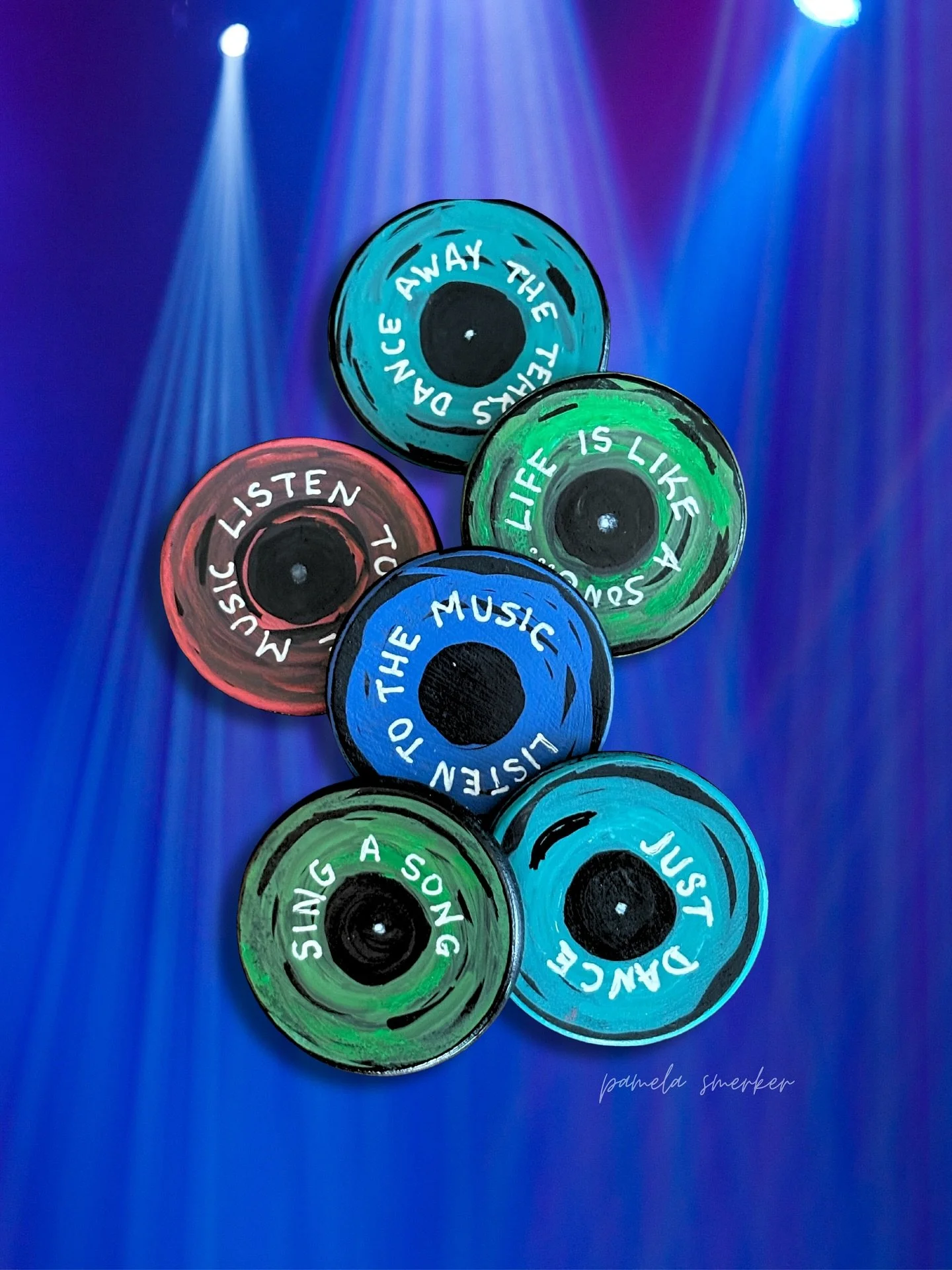 1.5&rdquo; hand painted faux vinyl magnets. Yo, groove up the fridge.