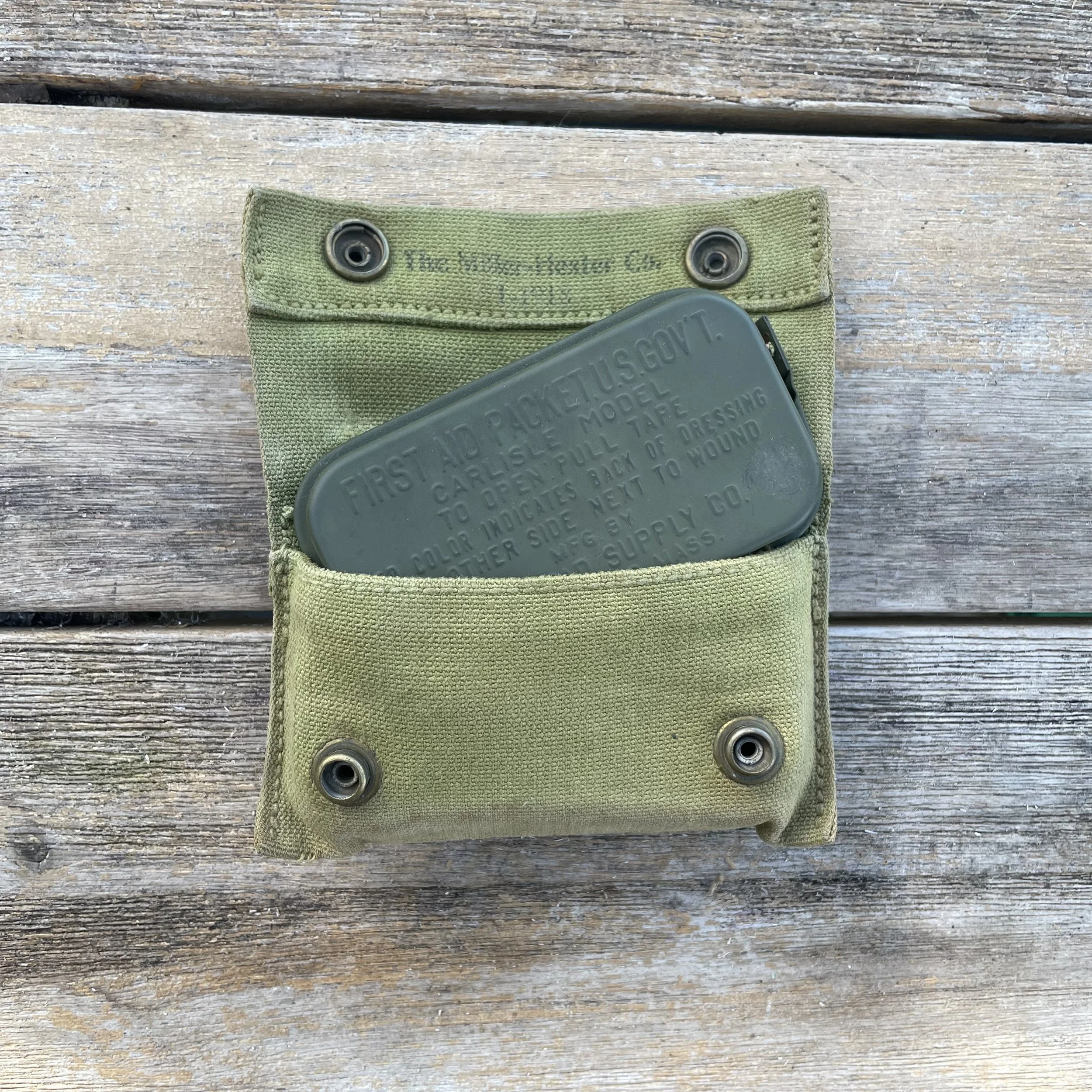 Original WW1 U.S. First Aid Pouch 1918 w/ Sealed Carlisle Bandage Tin
