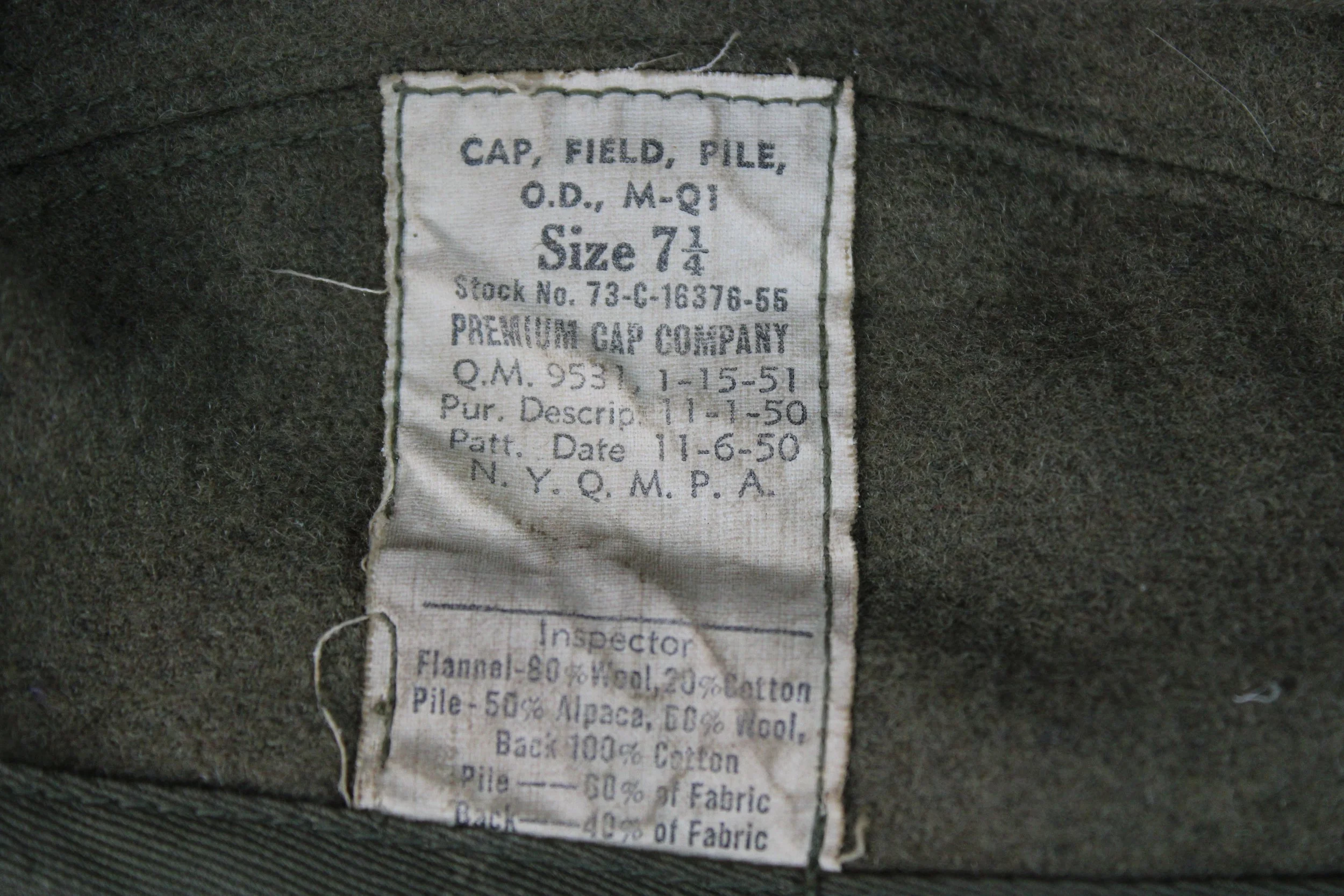 Korean War M51 M-1951 Pile Cold Weather Cap Size 7 1/4
