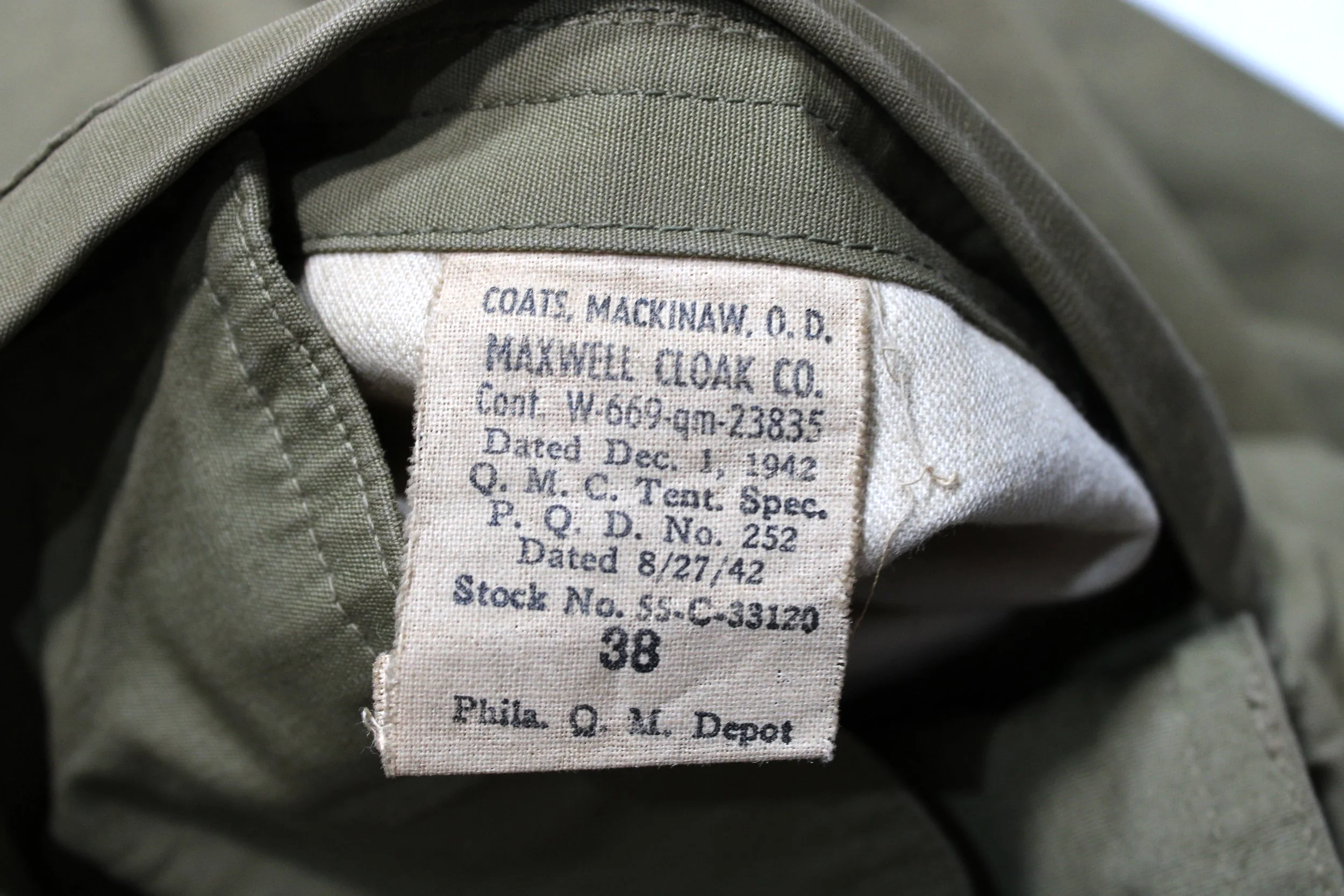 WW2 US Army M-1938 Mackinaw "Jeep" Coat Size 38, 1942 Dated