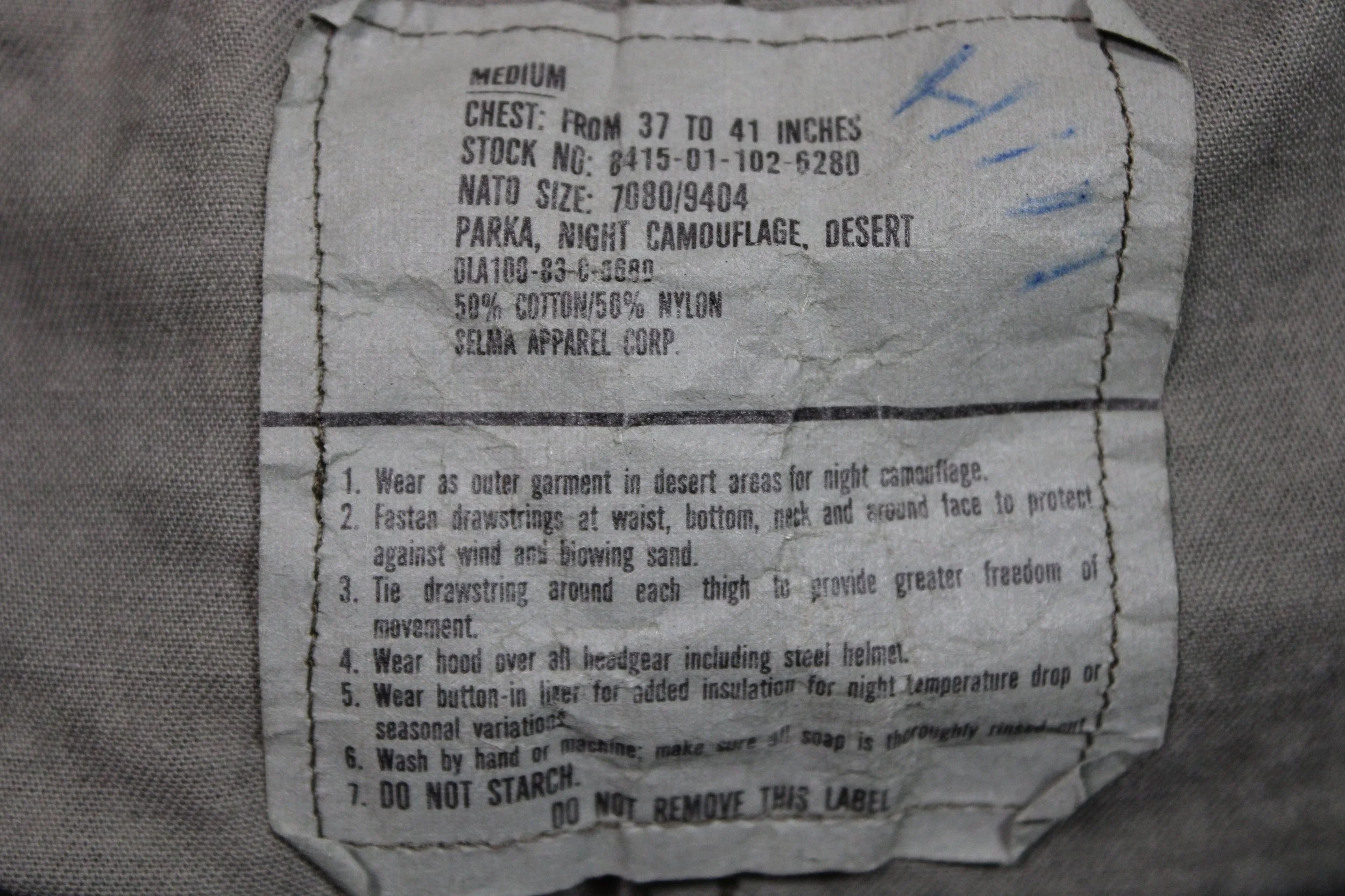 1983 US Military Desert Night Camouflage Parka Jacket Medium