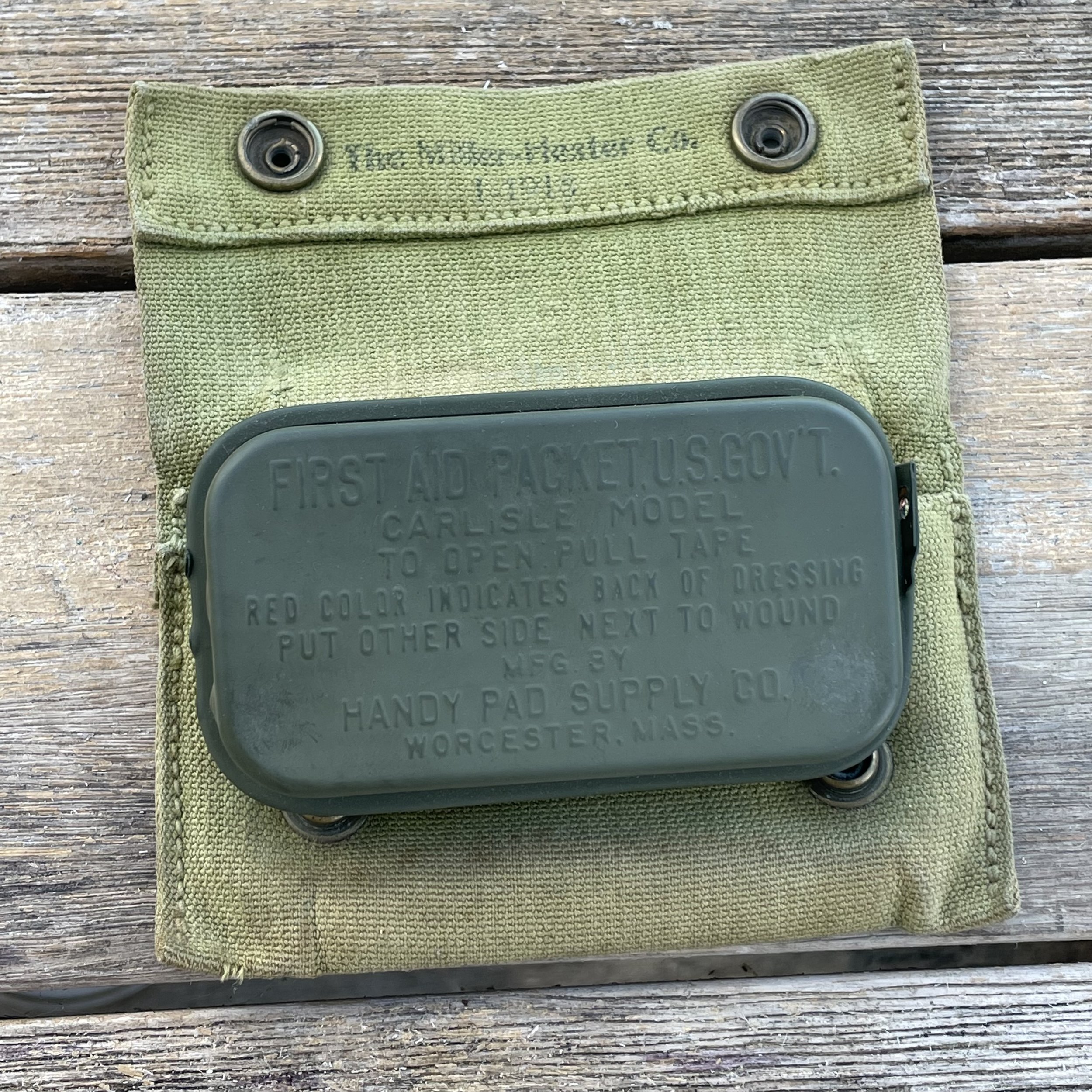 Original WW1 U.S. First Aid Pouch 1918 w/ Sealed Carlisle Bandage Tin