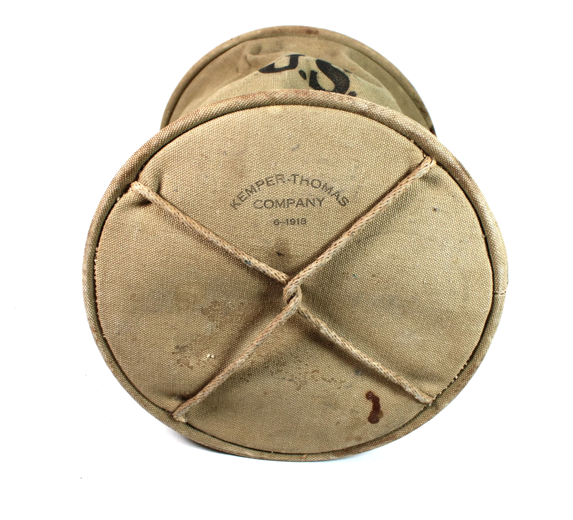 WWI 1918 US Canvas Collapsible Cavalry Horse Feed / Water Bucket Kemper Thomas Company 1918