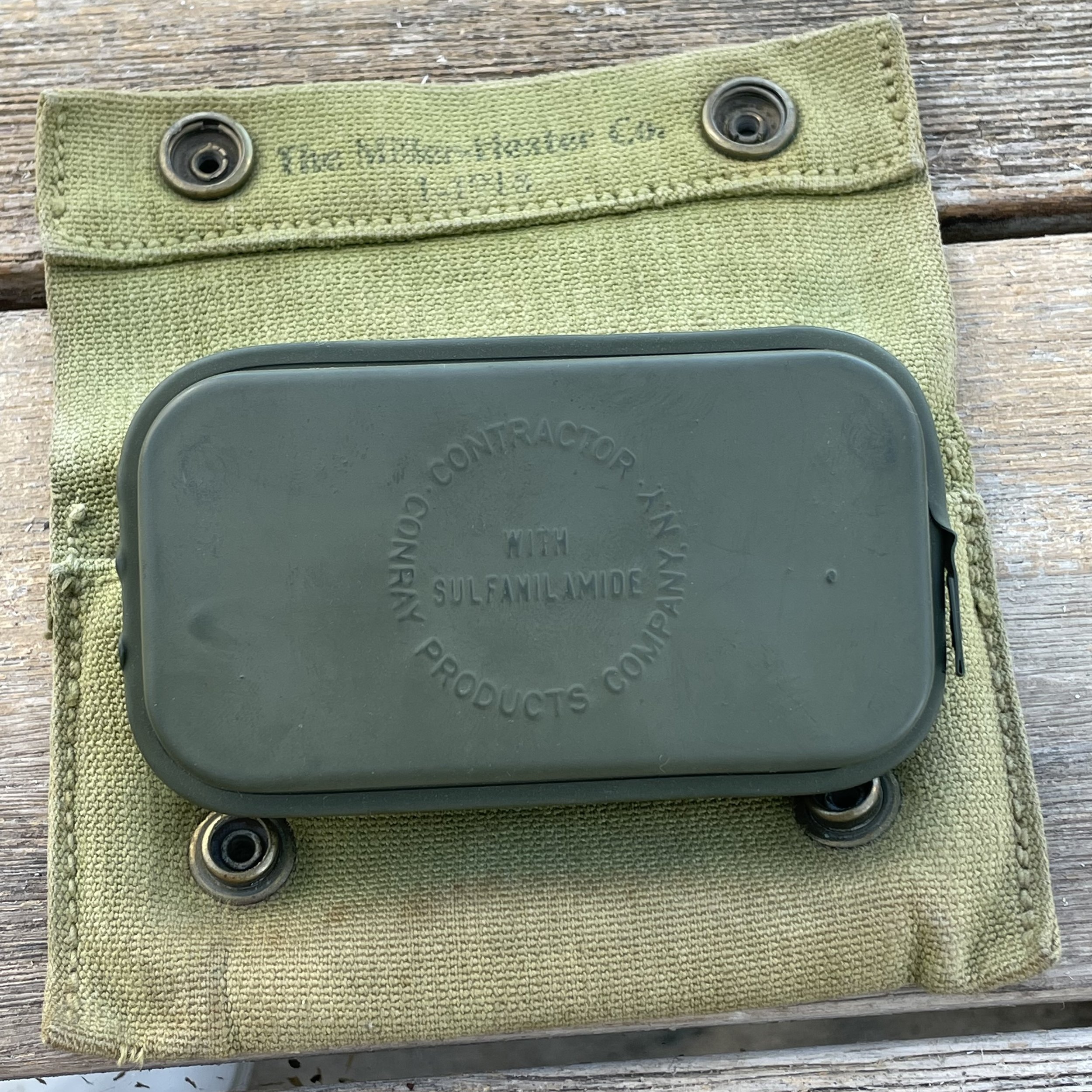 Original WW1 U.S. First Aid Pouch 1918 w/ Sealed Carlisle Bandage Tin