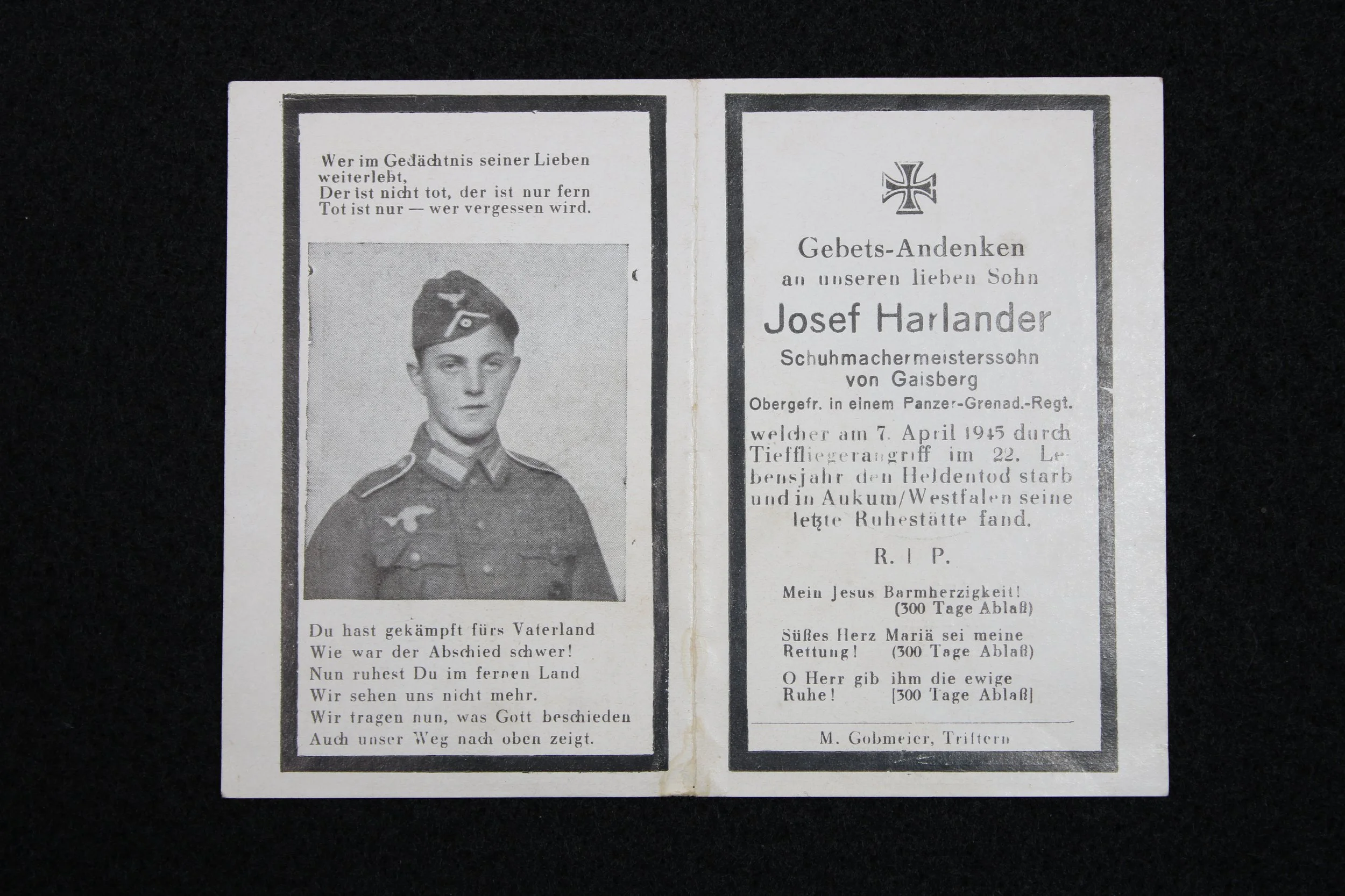 WW2 German Death Card  (Panzer Grenadier)