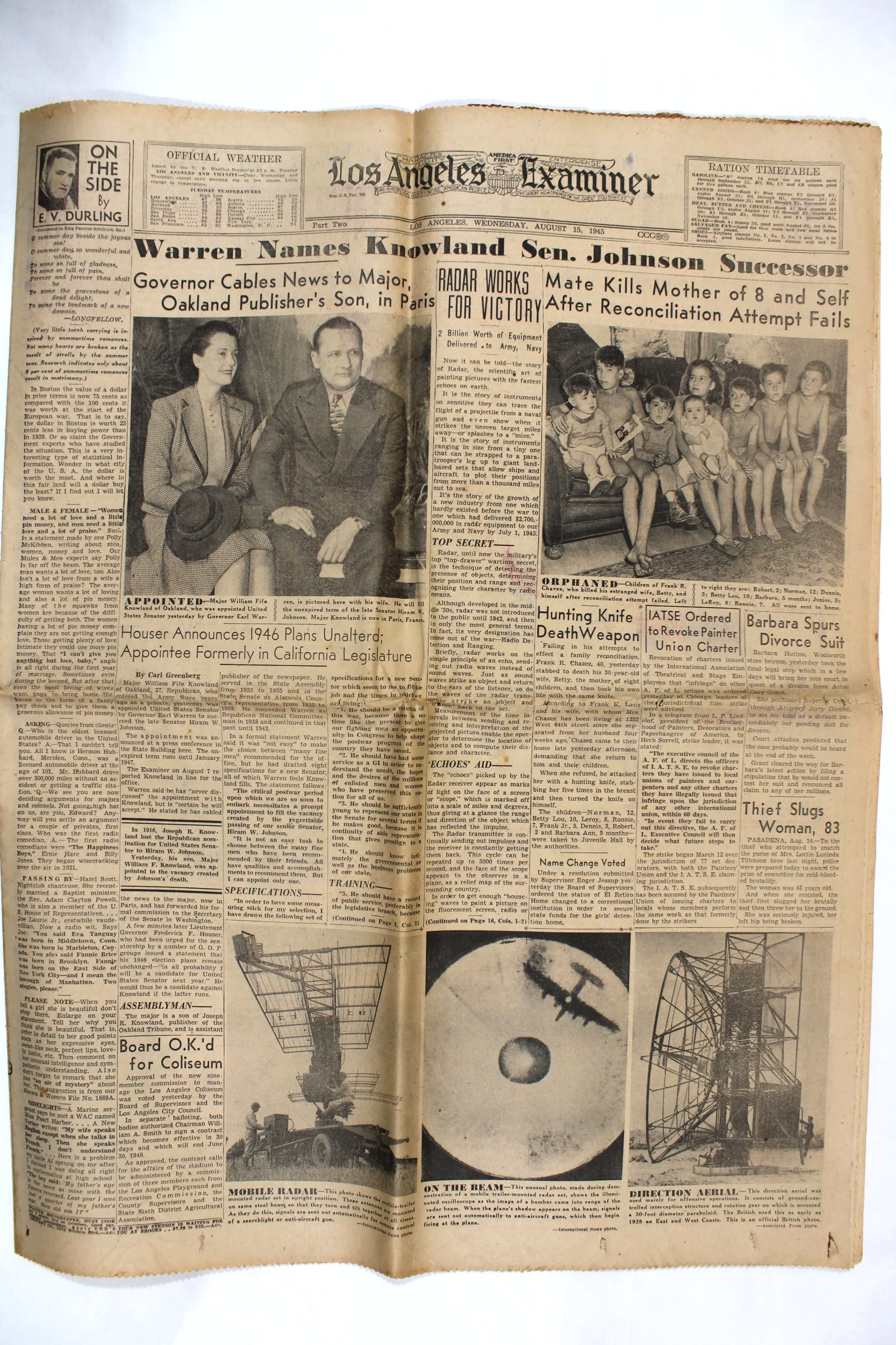 Los Angeles Examiner, Wednesday August 15, 1945. Day after VJ DAY.