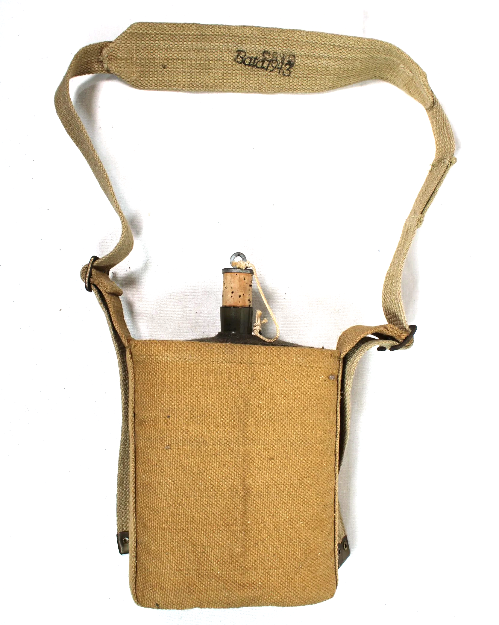 WW2 British Army P37 Canteen & Canvas Carrier & Carrying Strap, 1943