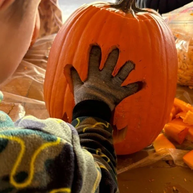 Pumpkins at Nature Kindergarten 🎃

The children and their families arrived last week at Lloyd Park with pumpkins!

Some children joined our educators in carving happy, spooky, and silly faces. While others made different designs like a handprint, a 