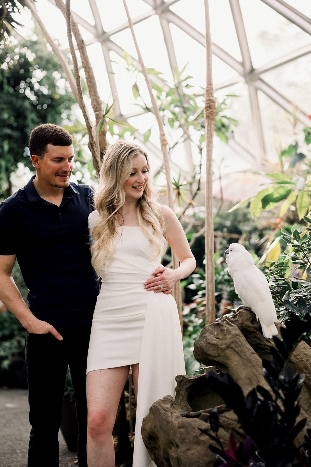 Man and woman engagement shoot with cockatoo at Bloedel Conservatory Vancouver, BC