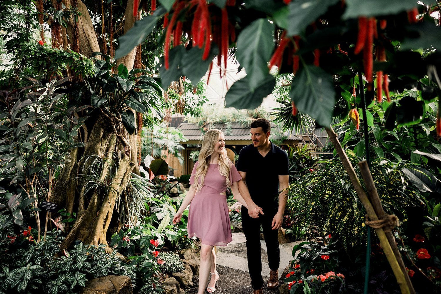 Man and woman walking through tropical jungle at Bloedel Conservatory Vancouver, BC
