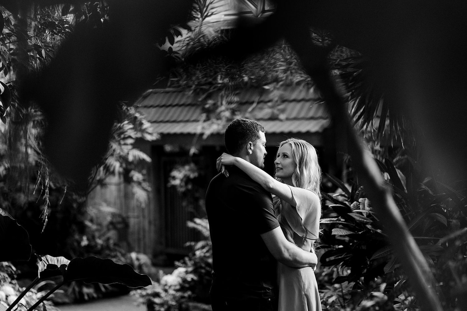 Black and white photo of couple dancing at Bloedel Conservatory Vancouver, BC