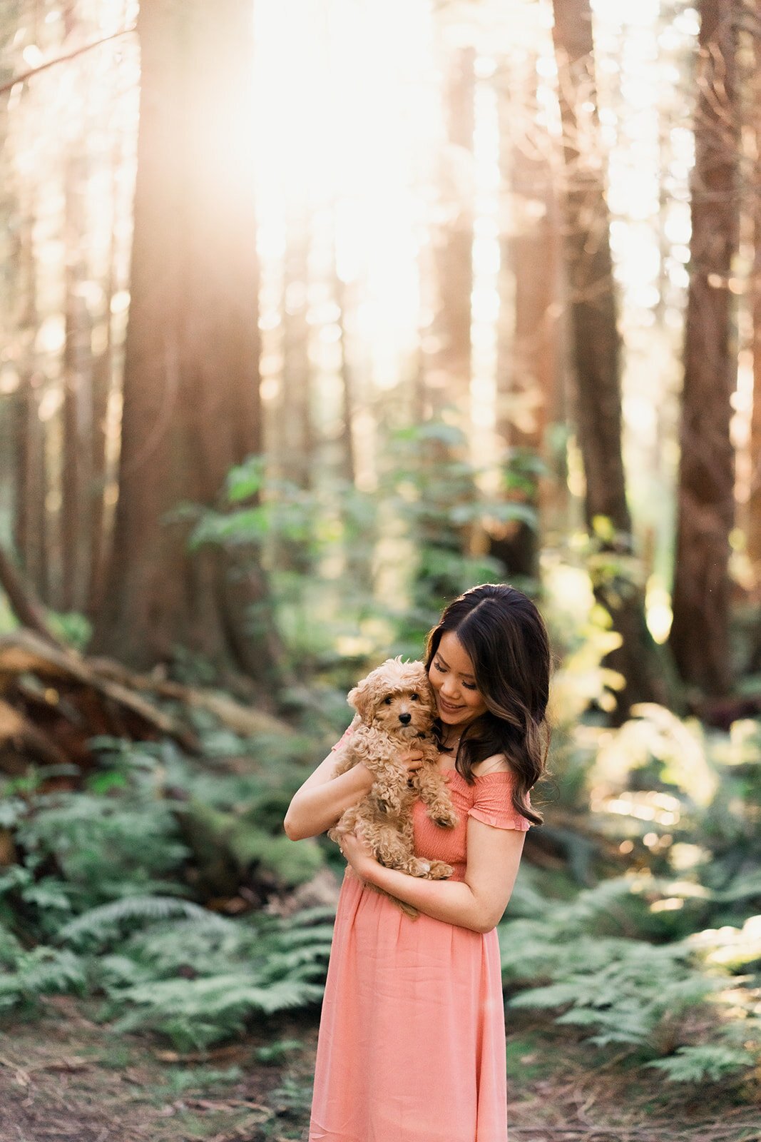 A woman in a soft pink linen dress snuggles her adorable, fluffy, baby puppy, while being backlit by a beautiful sunset.