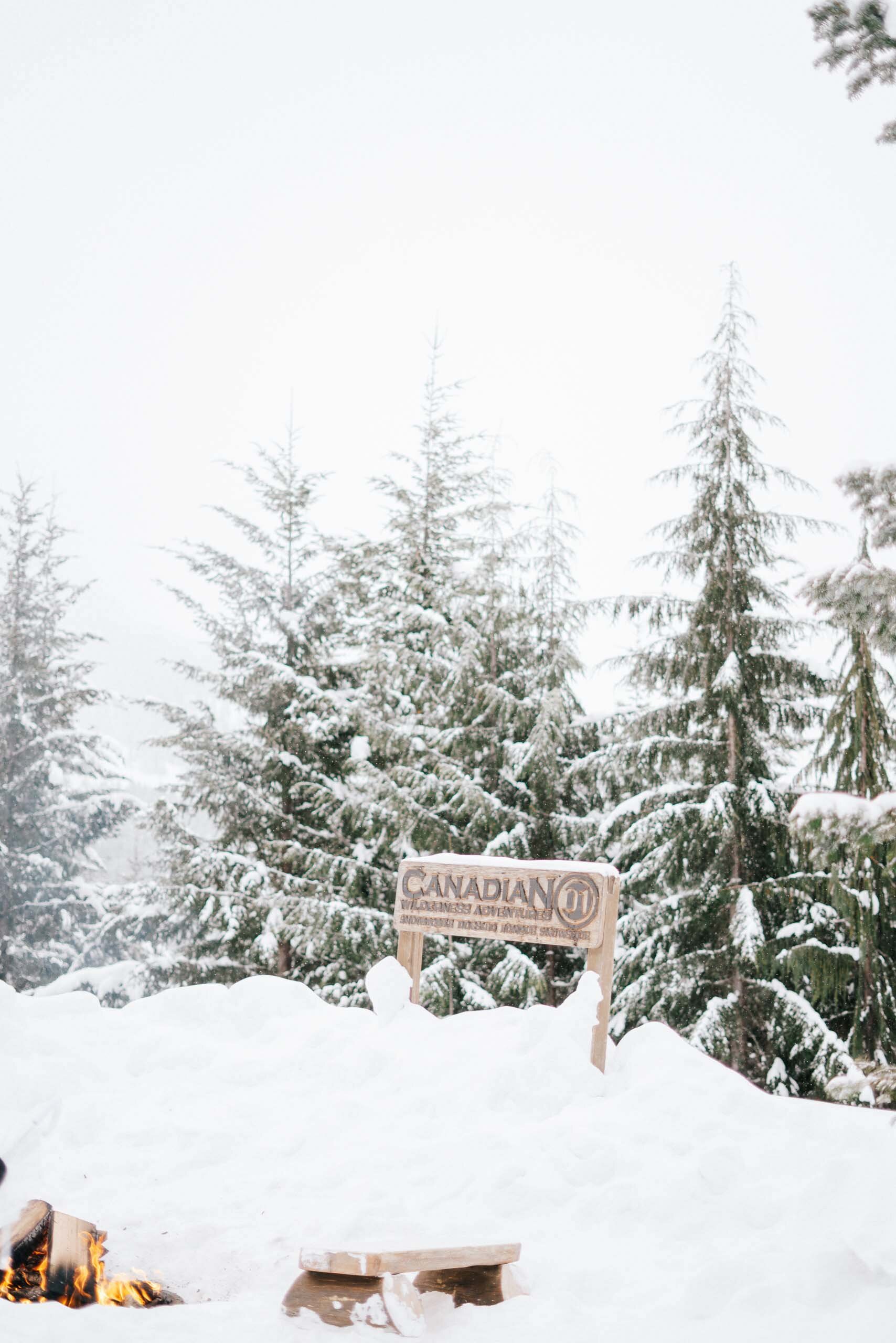 A snowy sign announces "Canadian wilderness adventures" next to snowy trees and a warm campfire. 